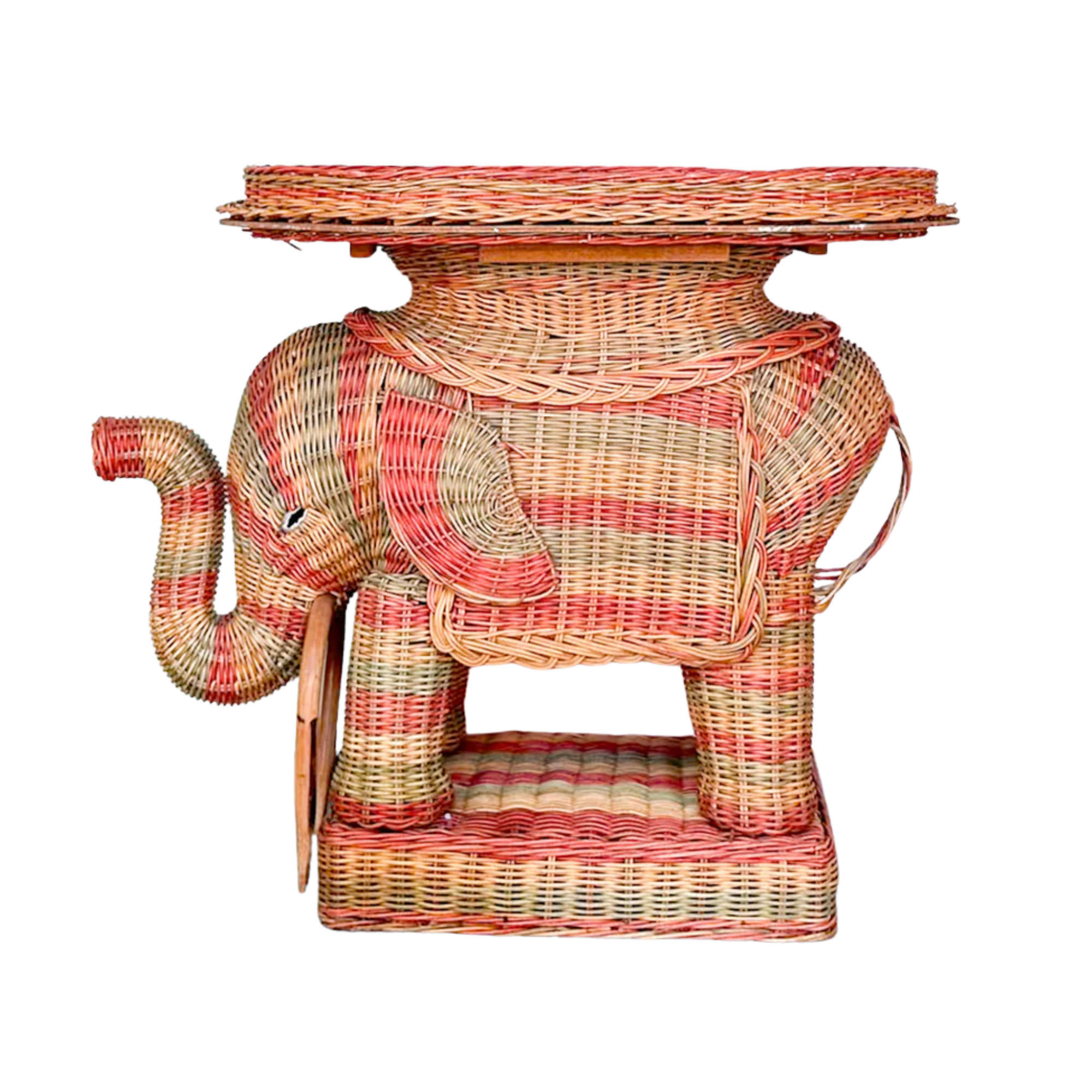 Vintage Striped Wicker Elephant Side Table