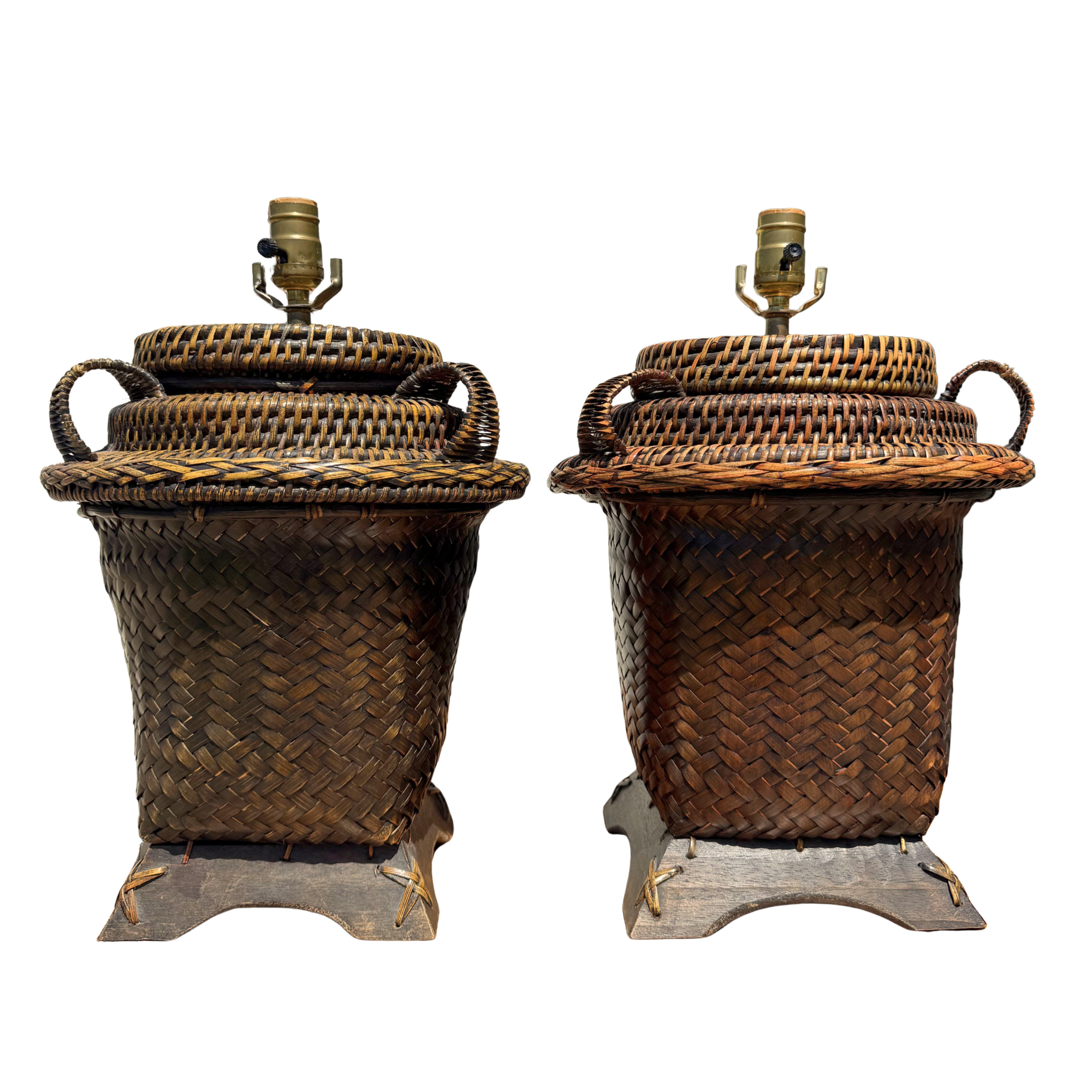 Vintage Woven Rattan Basket Lamps - A Pair