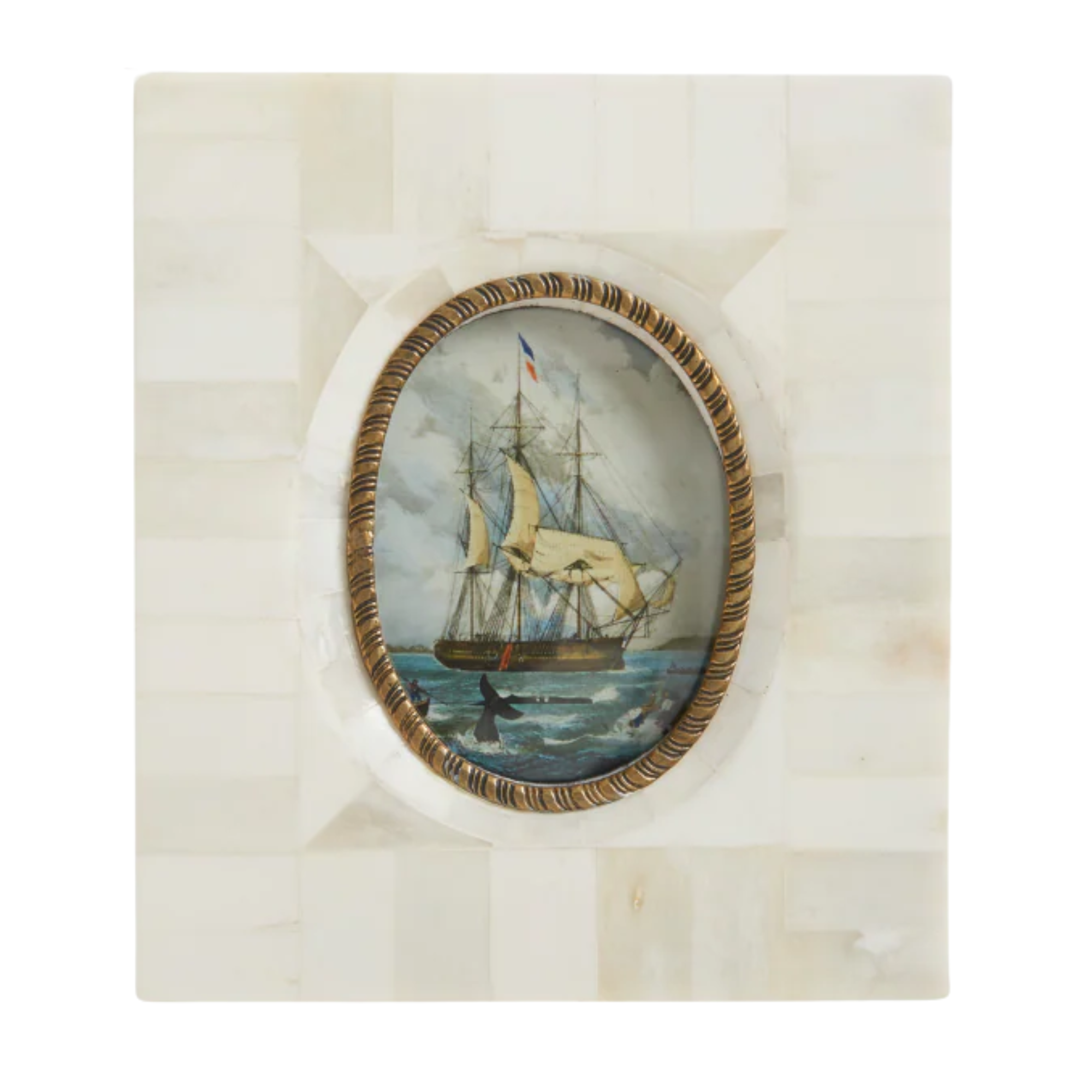 Nautical Whaling Ship Print in Bone Inlay Frame