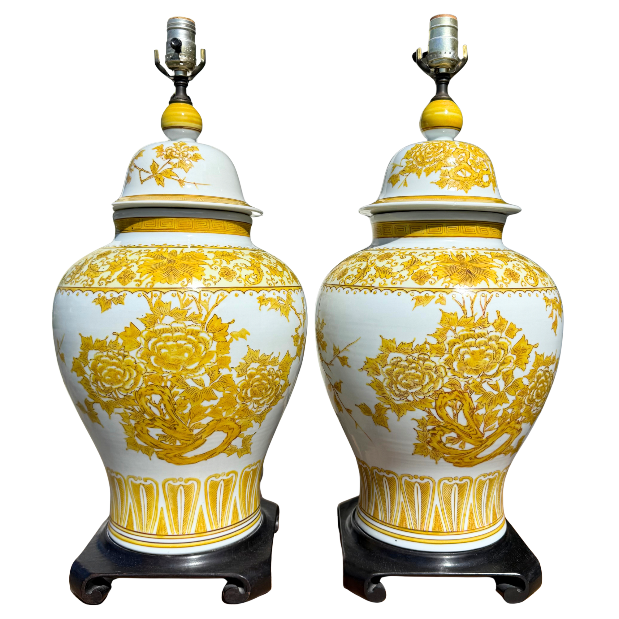 Vintage Yellow & White Ginger Jar Lamps - A Pair
