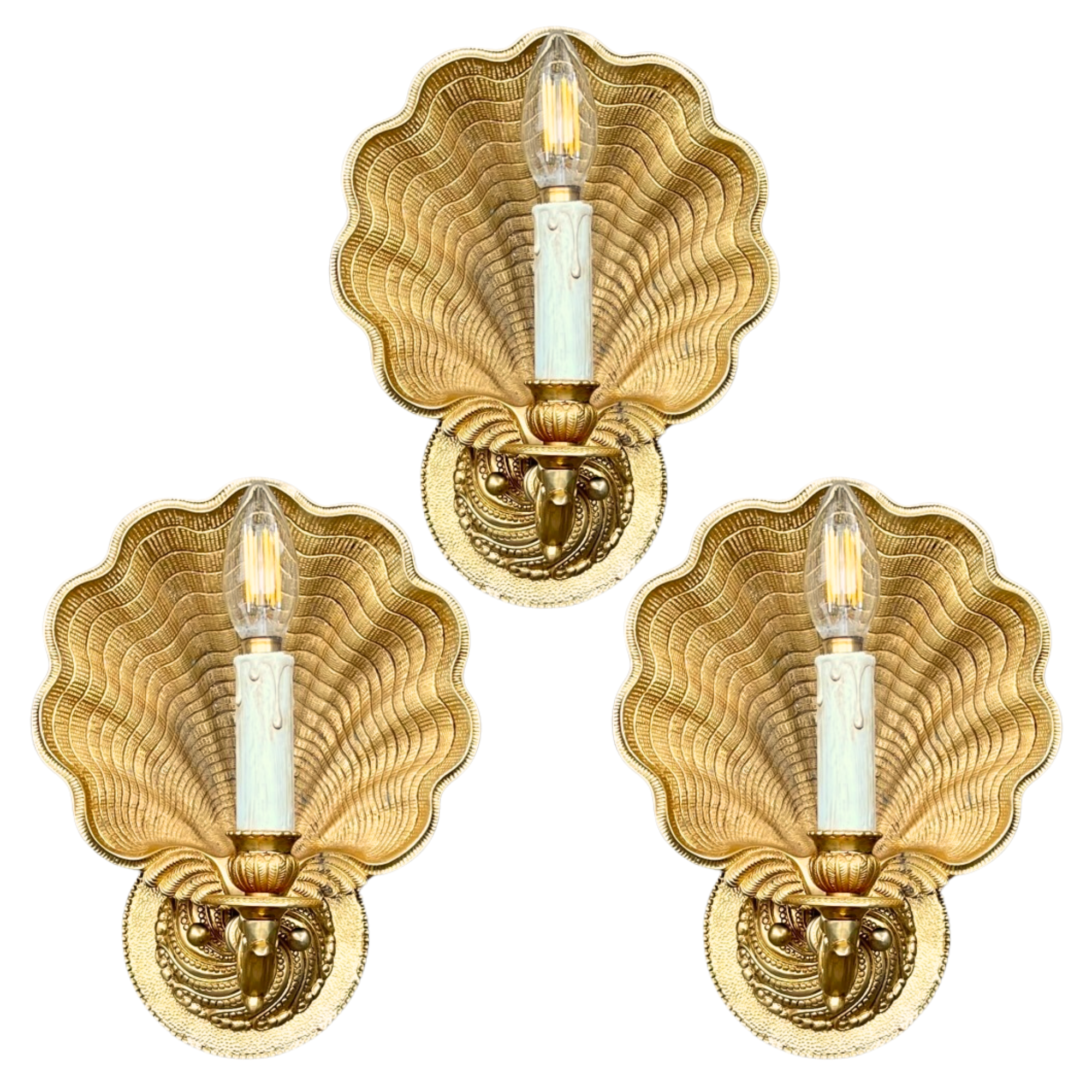 Intricate Italian Bronze Scallop Shell Wall Light Sconces - Set of 3