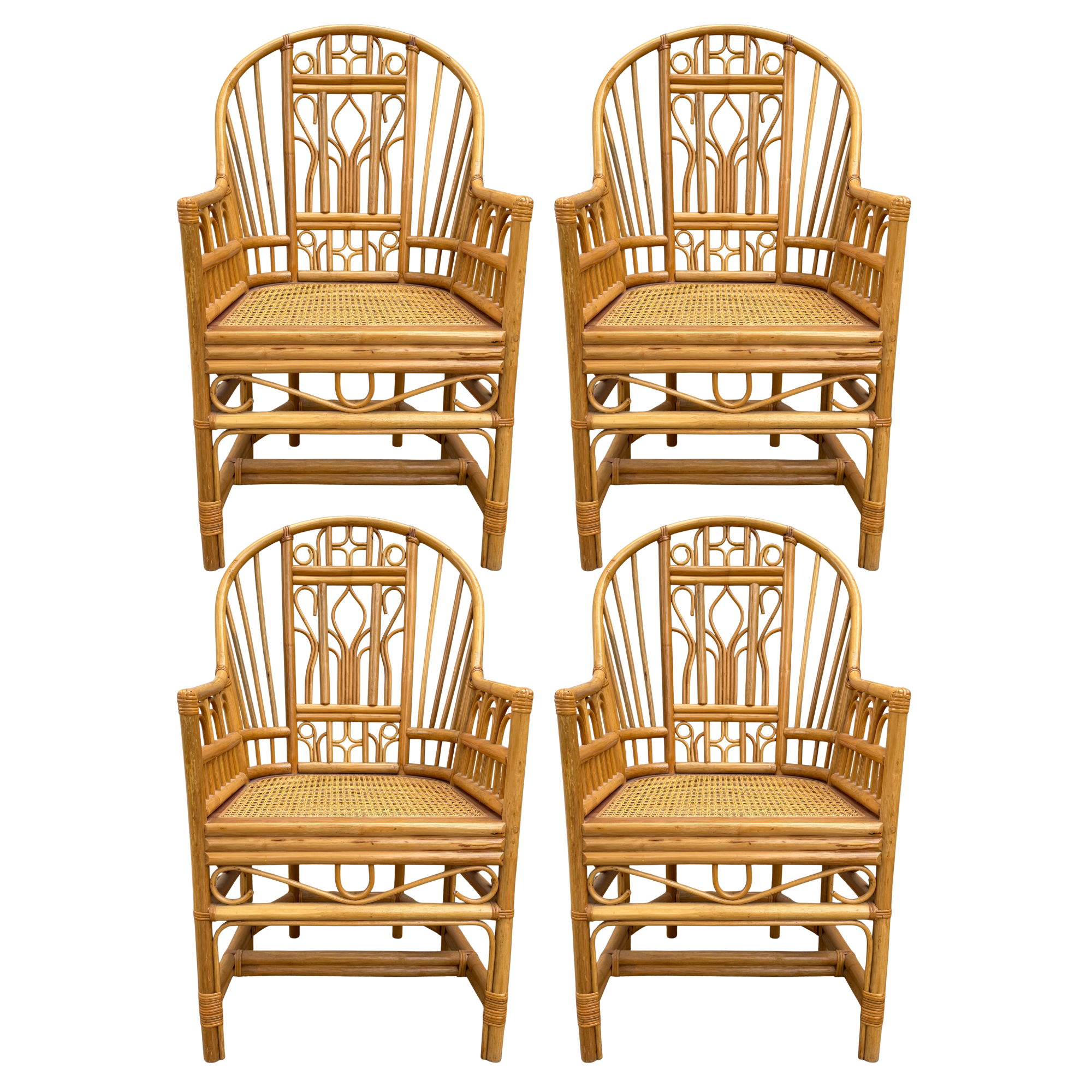 Vintage Coastal Brighton Rattan Arm Chairs - Set of 4