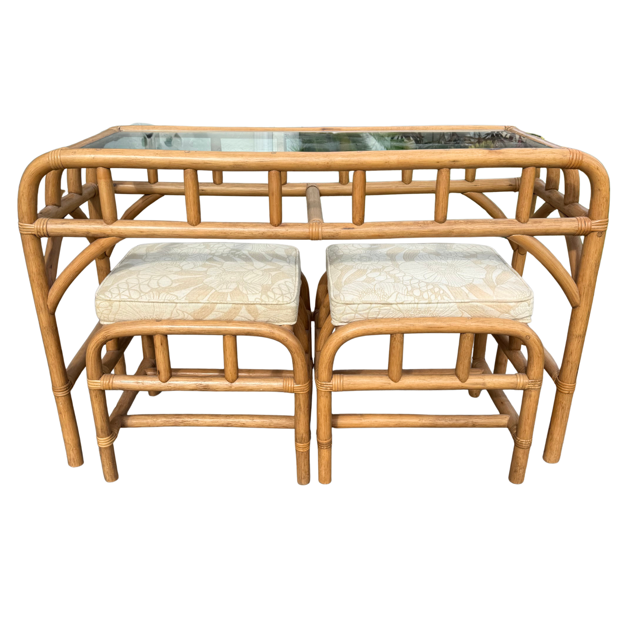 Vintage Rattan Console Table with Glass Top & Matching Stools