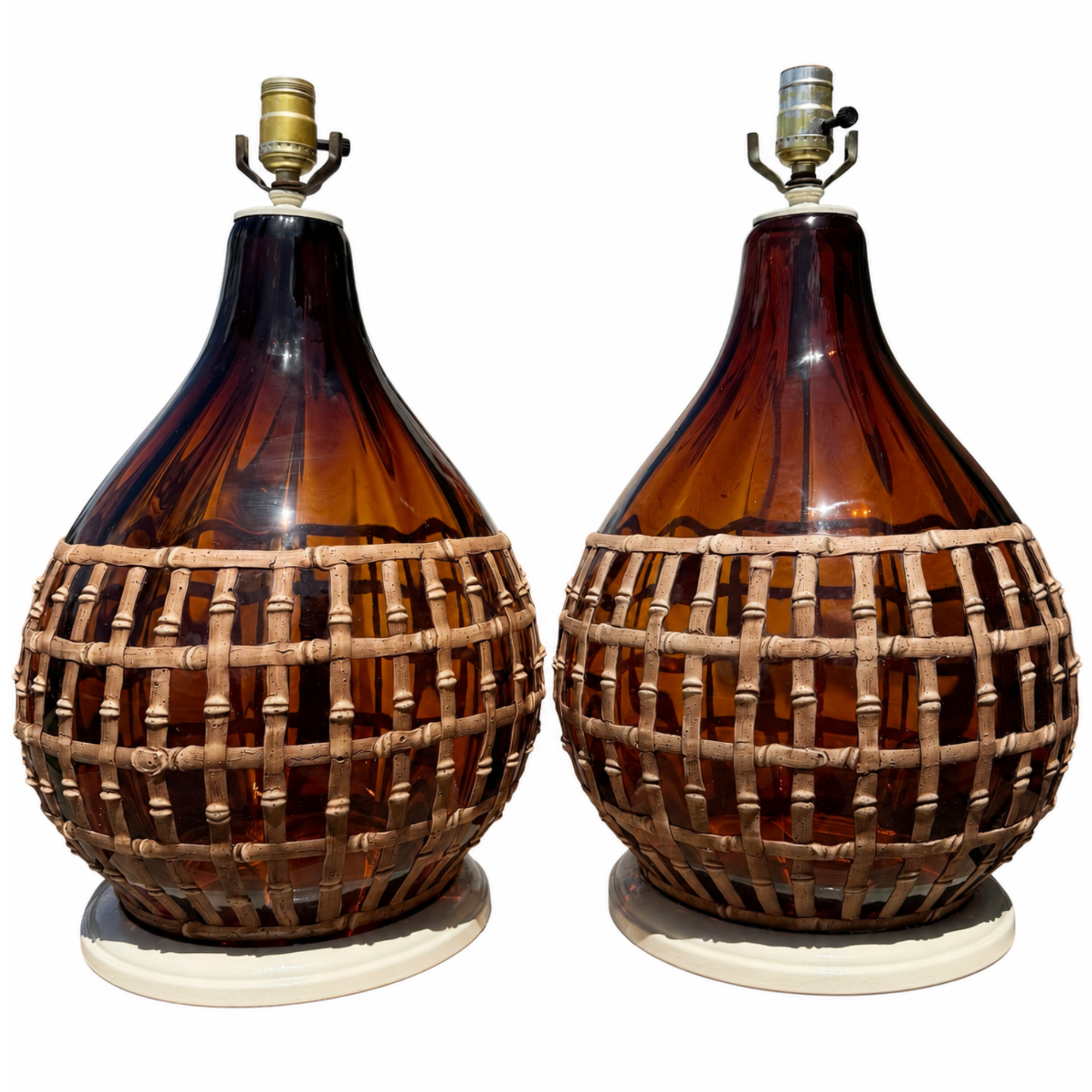 Vintage Amber Blown Glass Faux Bamboo Icing Lamps - A Pair