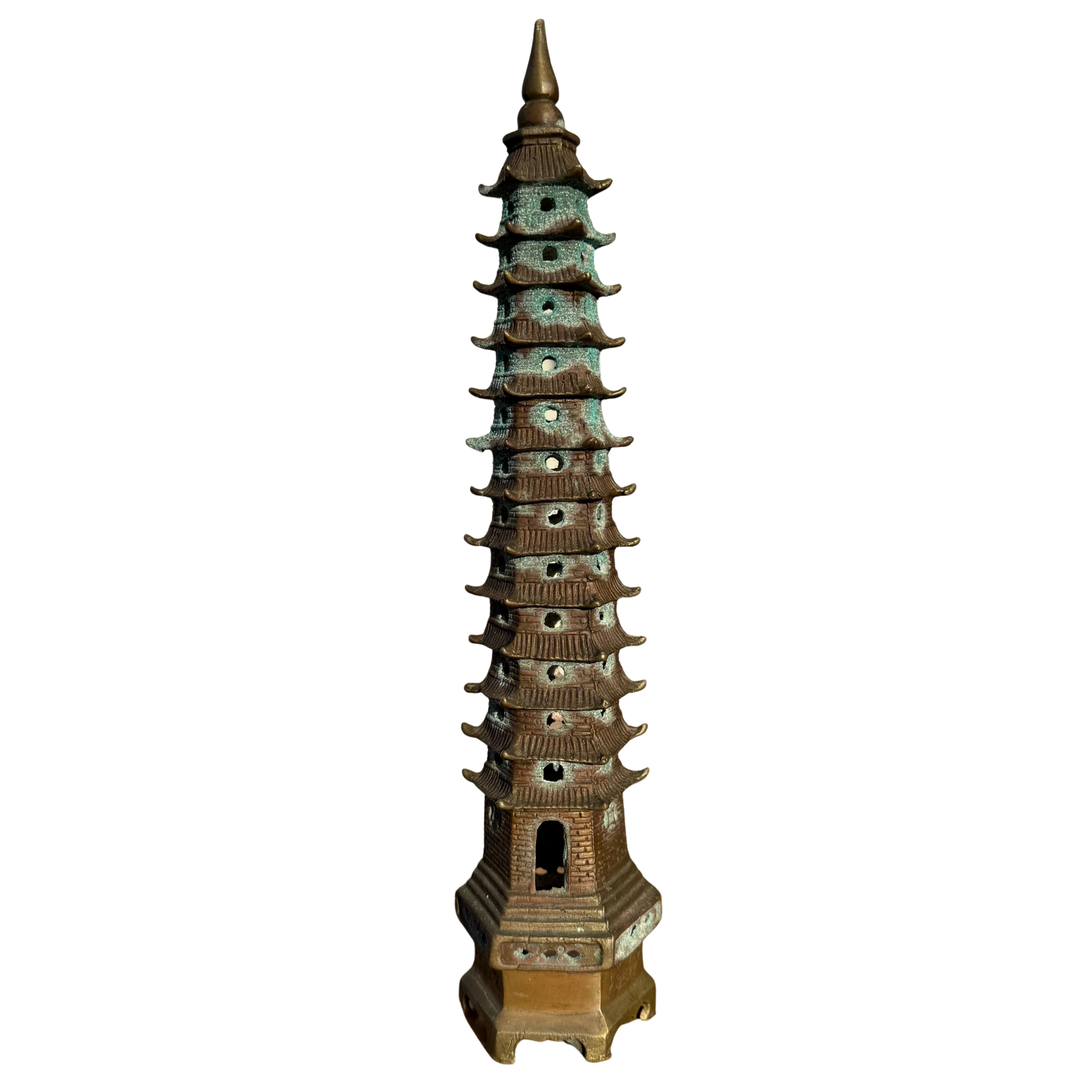 Vintage Asian Pagoda Tower Sculpture with Verdigris Patina