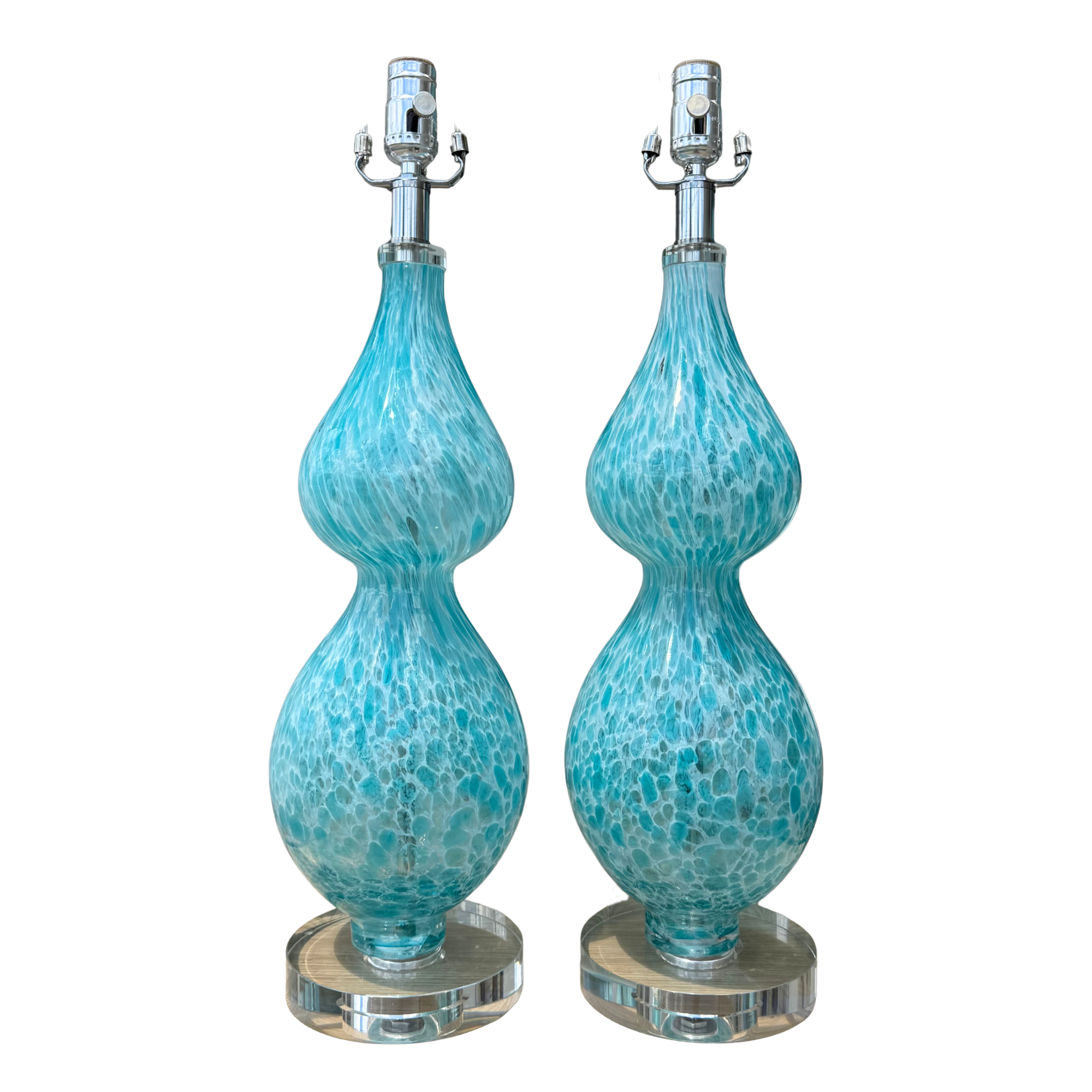Aqua Blue Murano Style Double Gourd Lamps with Lucite Bases - A Pair