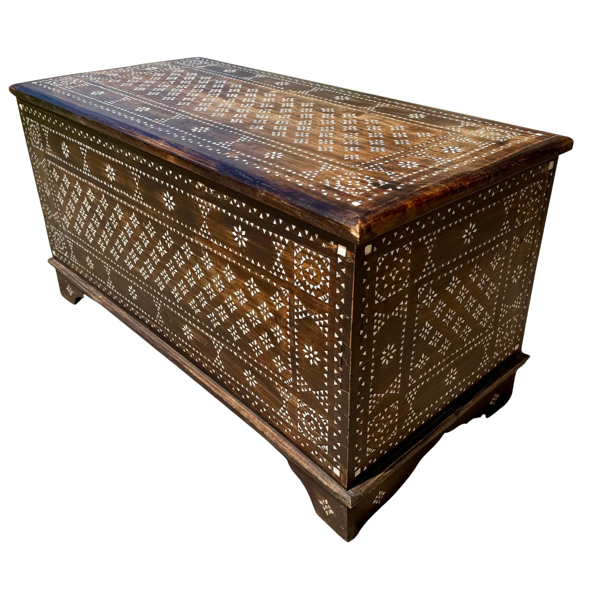 Vintage Mother of Pearl Inlay Wooden Storage Trunk Chest