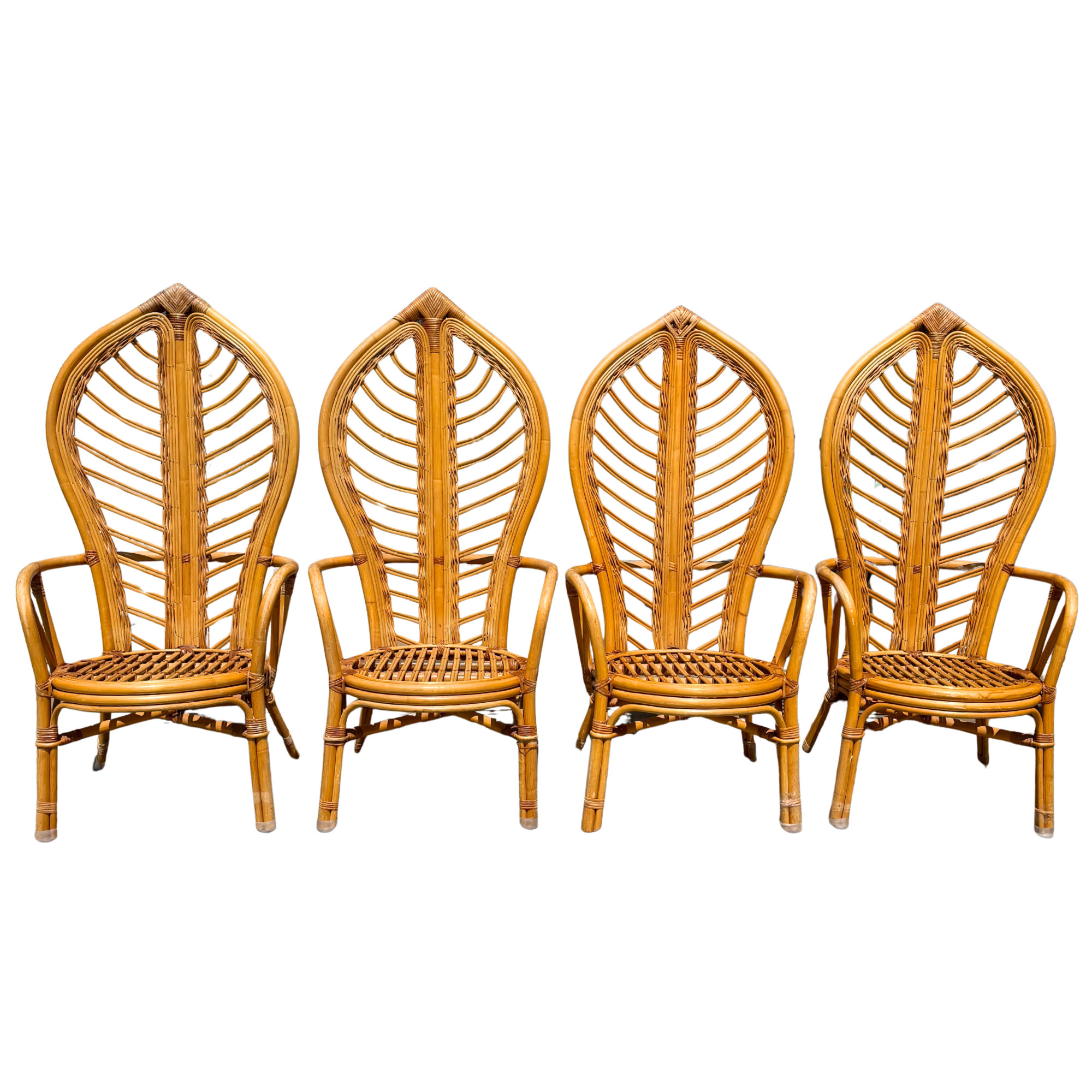 Vintage Rattan Leaf High Back Arm Chairs - Set of 4