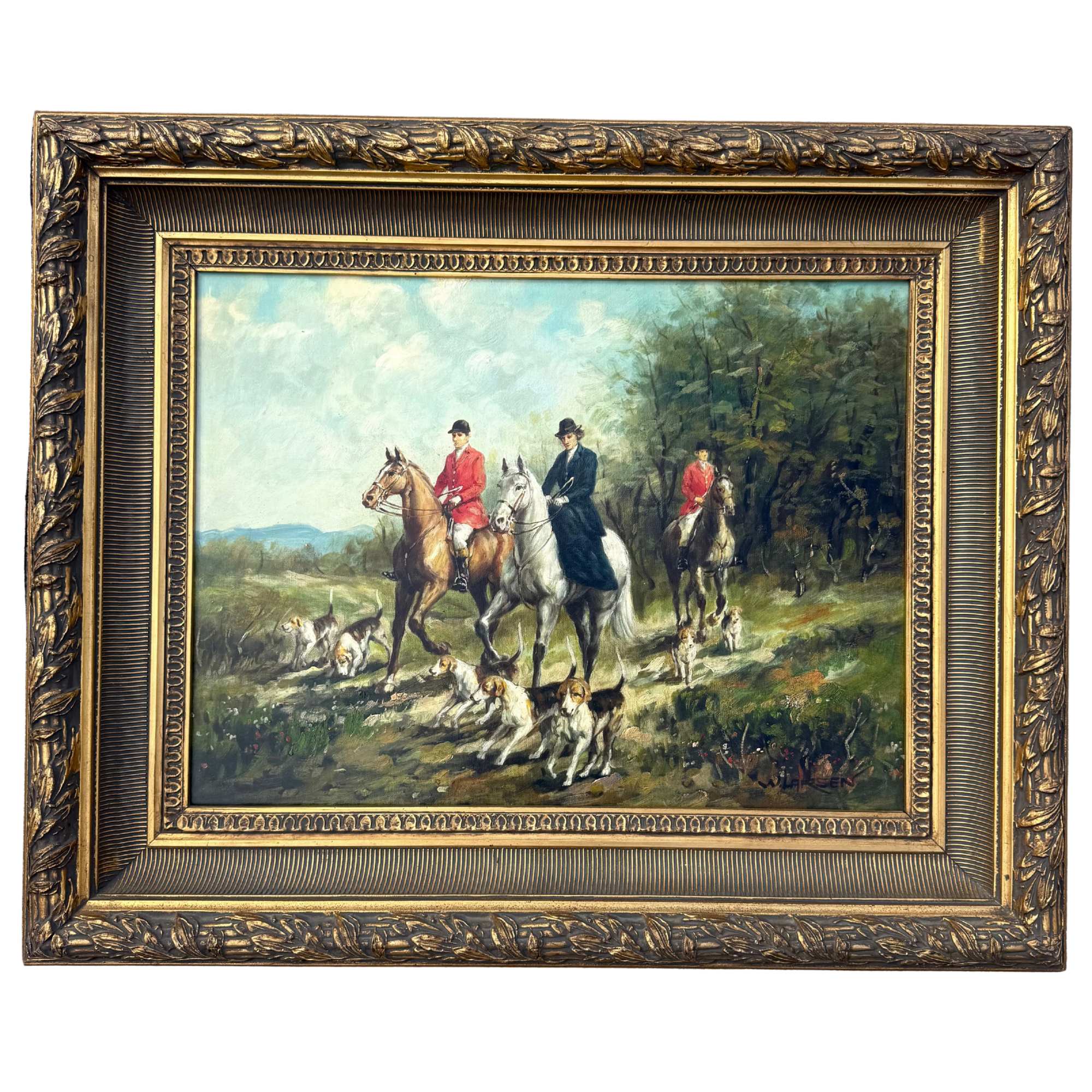 Vintage Fox Hunt Equestrian Oil Painting in Ornate Gold Frame