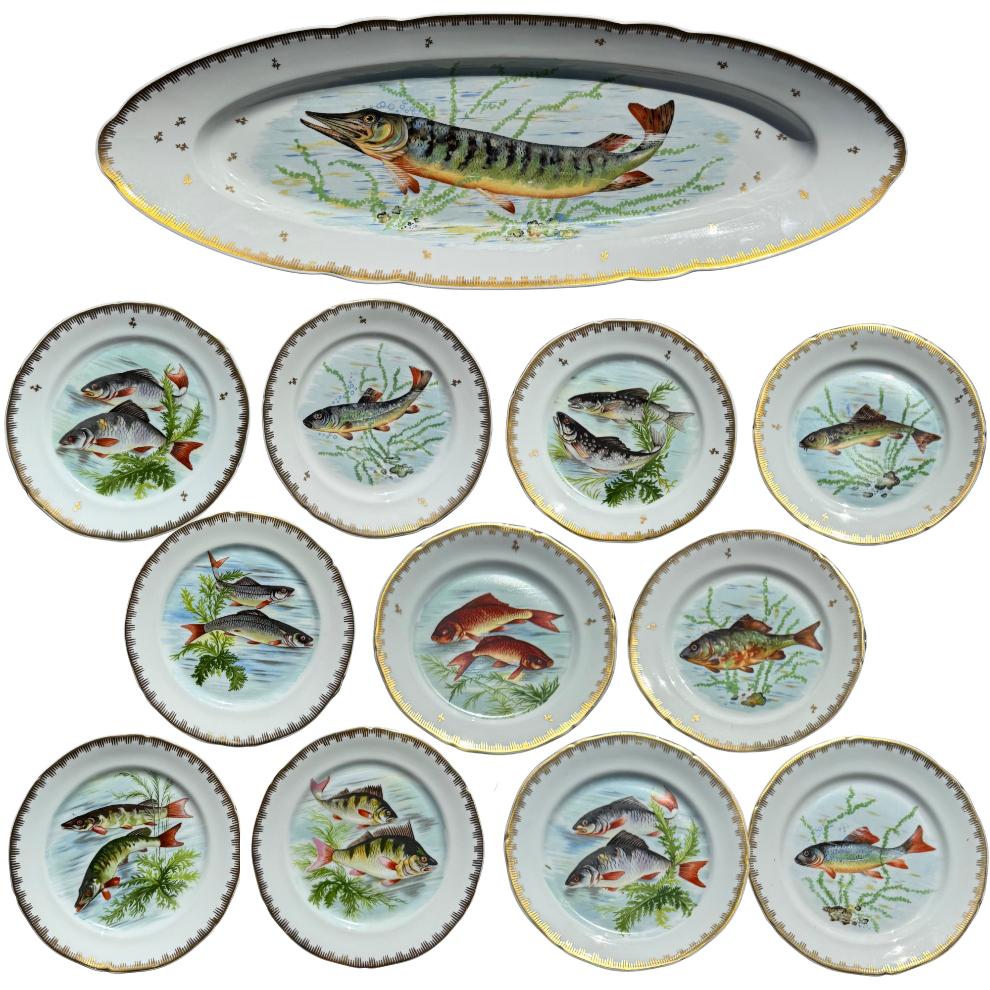 Vintage Hand Painted French Fish Service Plates - Set of 12
