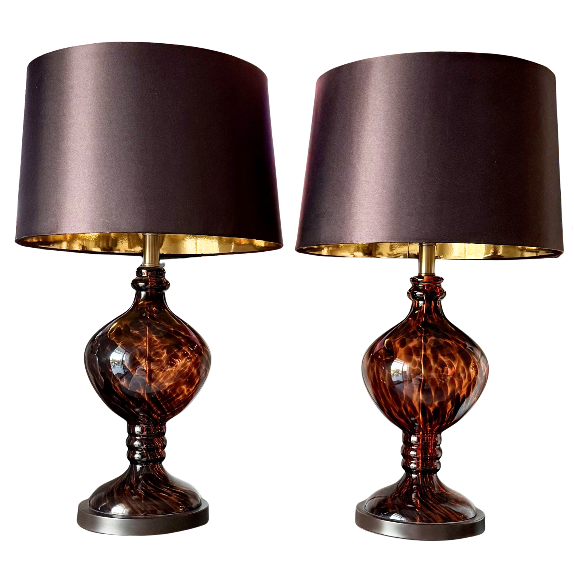 Tortoise Shell Glass Table Lamps with Black & Gold Shades