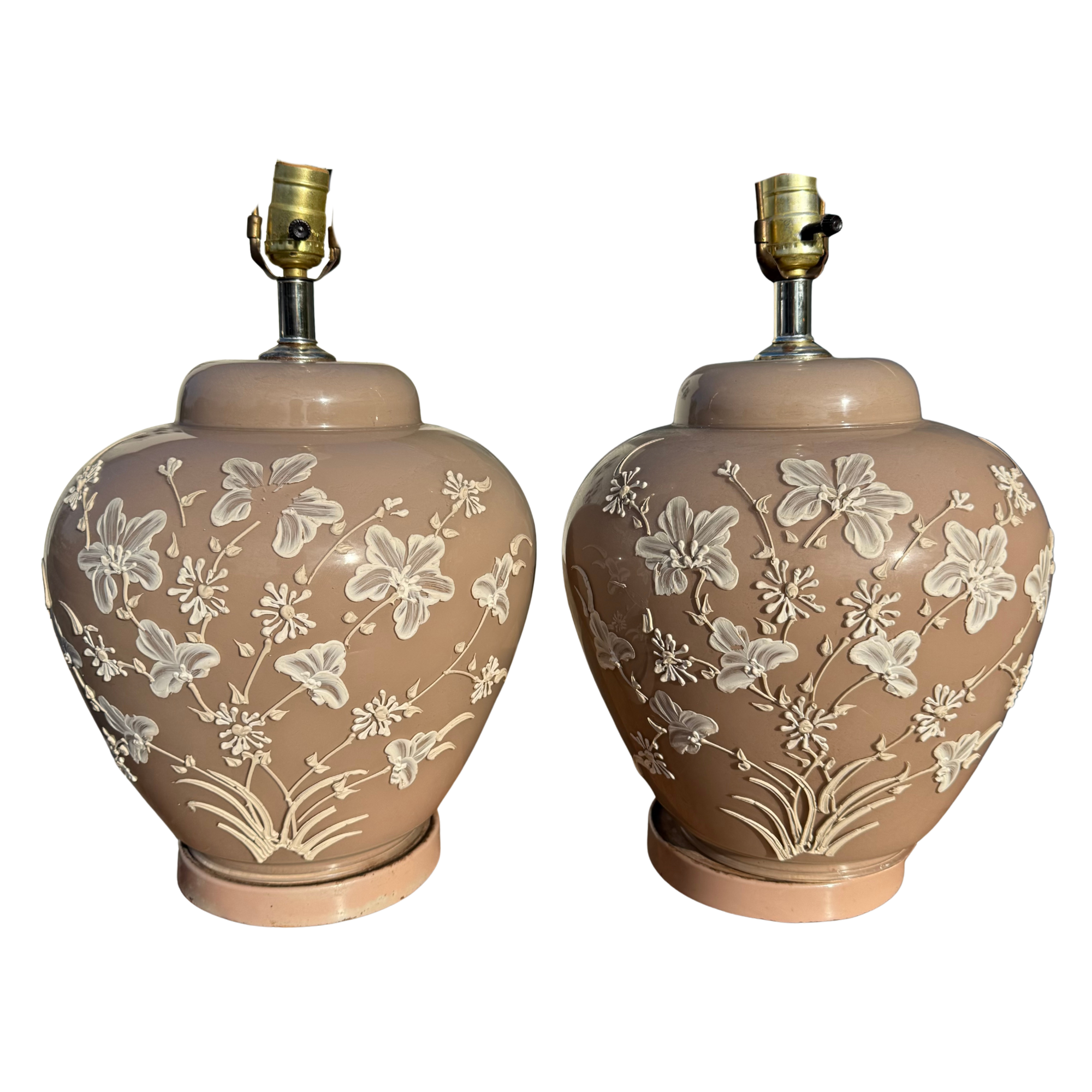Vintage Taupe Floral Icing Lamps - A Pair
