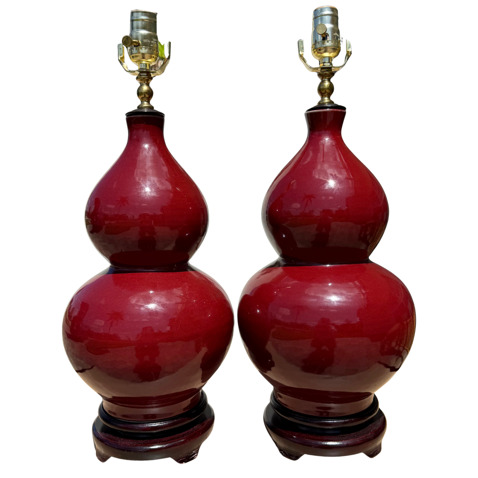 Vintage Oxblood Red Double Gourd Ceramic Lamps - A Pair