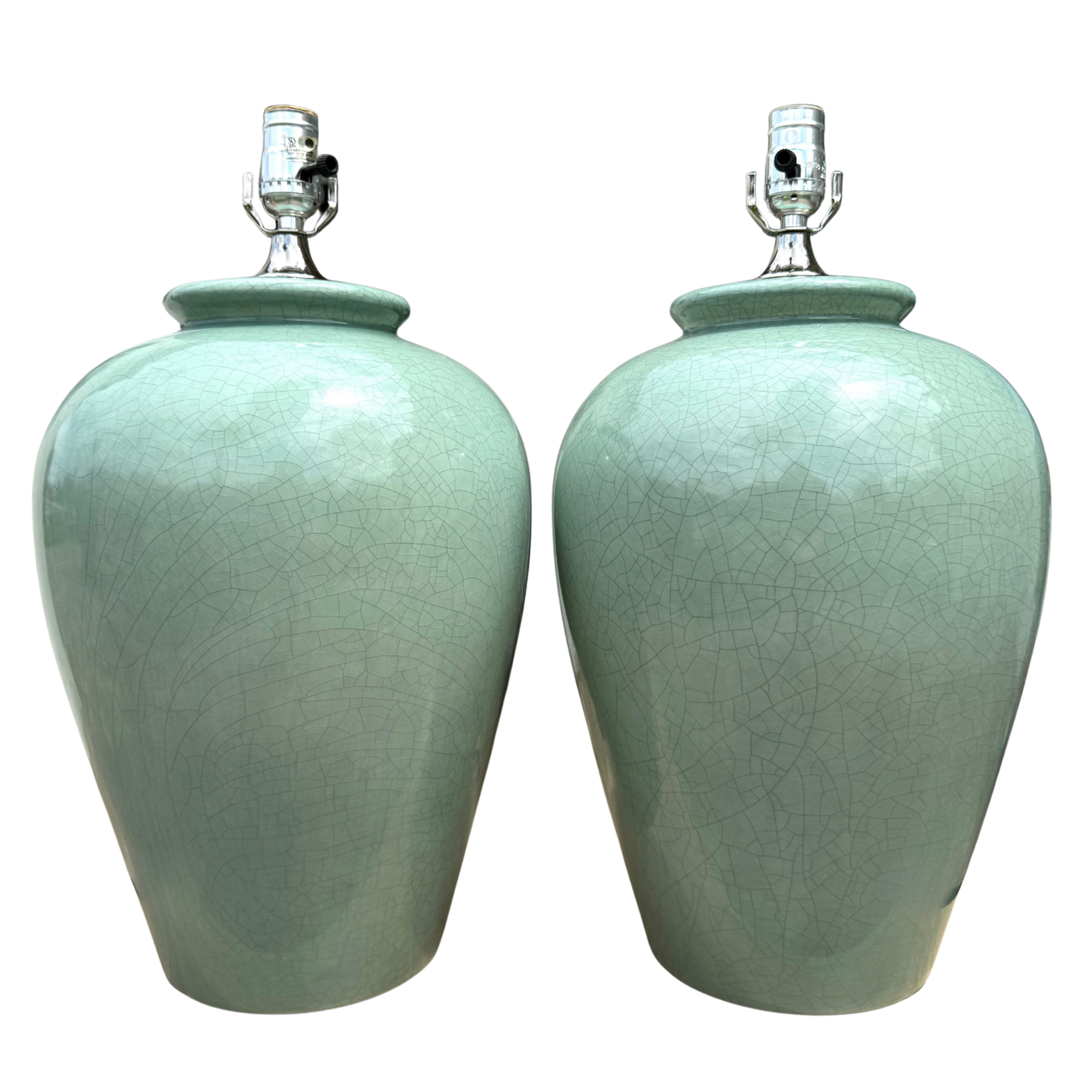 Celadon Green Crackle Glaze Table Lamps - A Pair