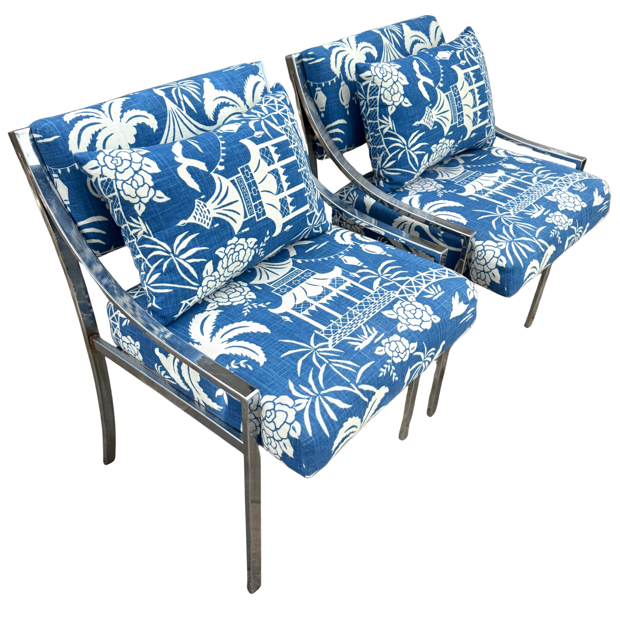 Vintage Chrome Lounge Chairs in Blue Chinoiserie Fabric - A Pair