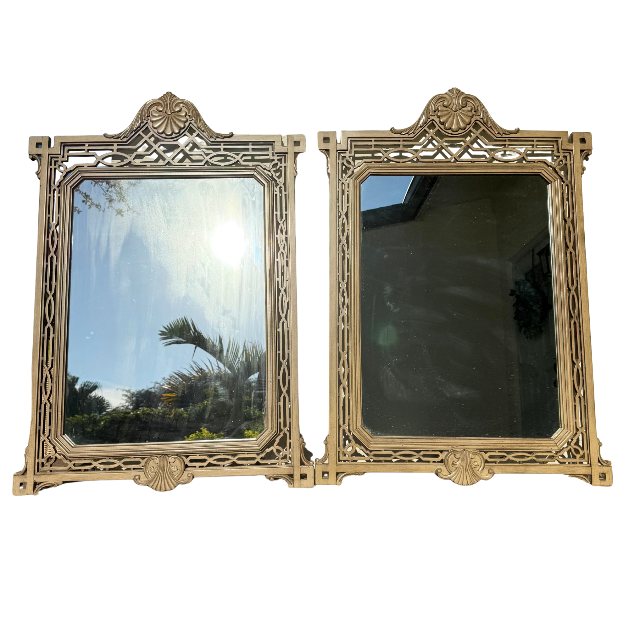 Pair of Vintage Regency Shell Fretwork Mirrors