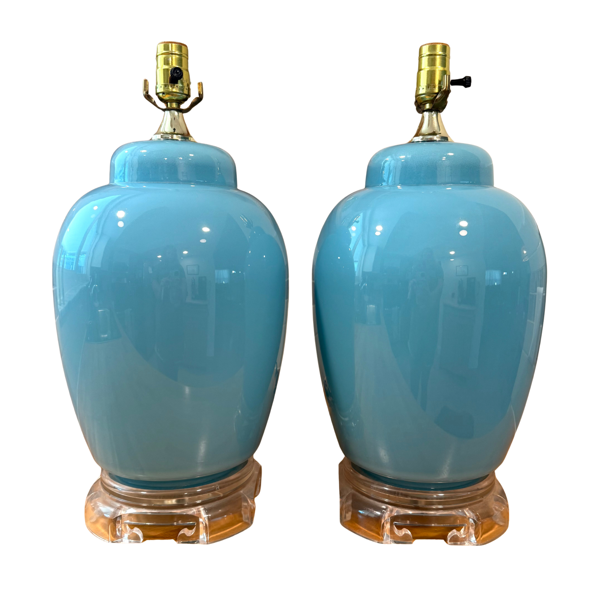 Vintage Blue Ceramic & Lucite Egg Lamps - A Pair