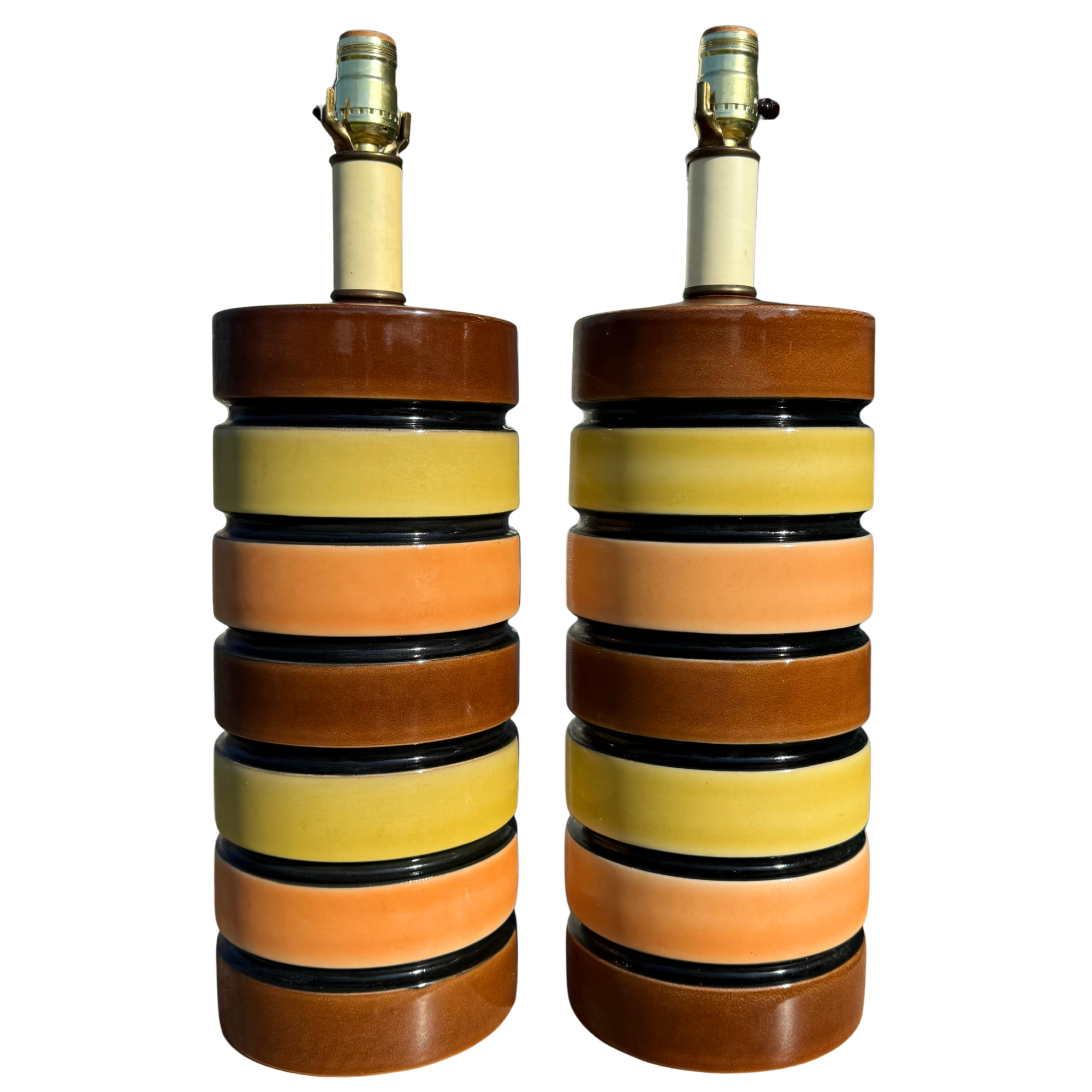 Vintage Mid Century Striped Ceramic Table Lamps - A Pair