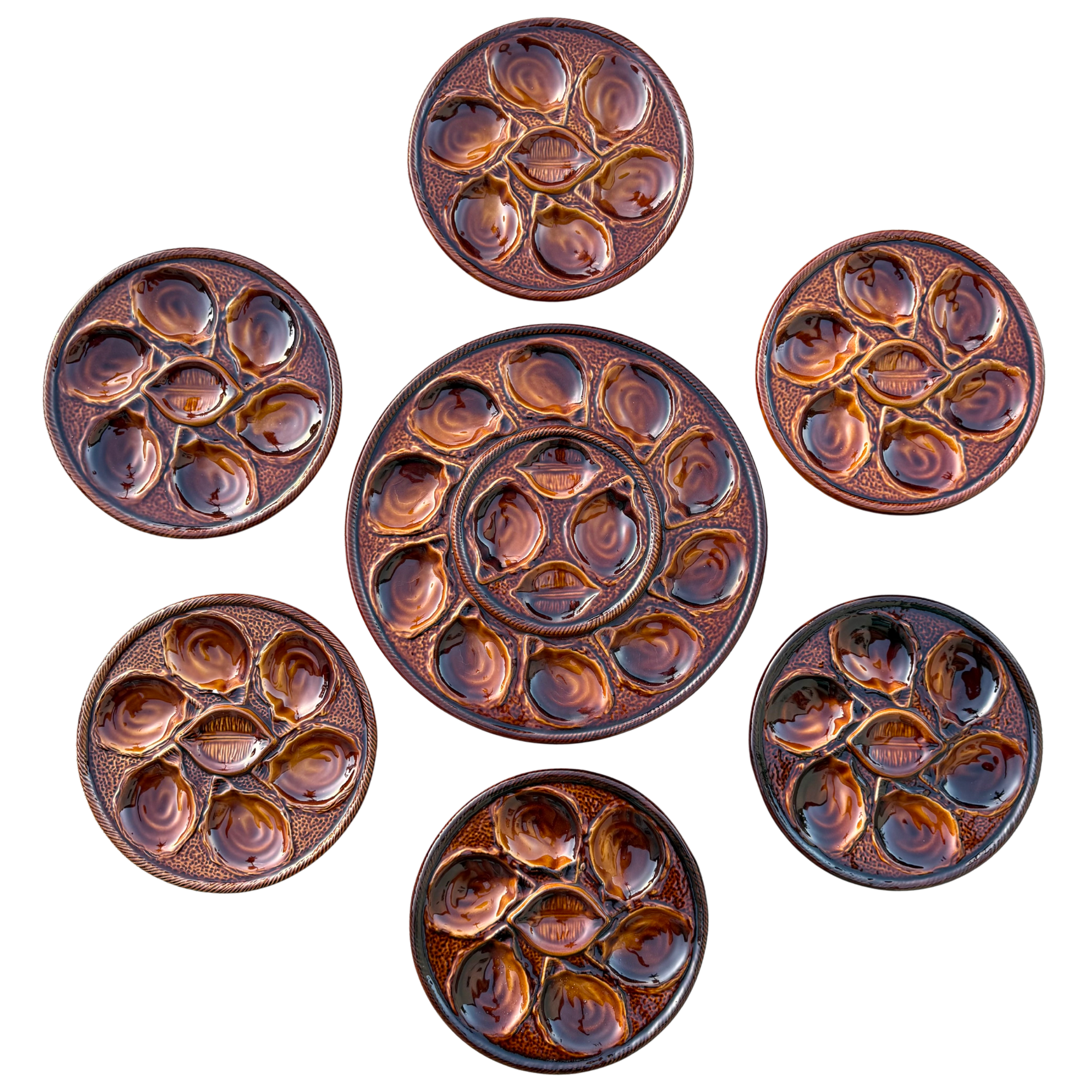 Vintage French Majolica Oyster Plates & Serving Platter – 7 Piece Set