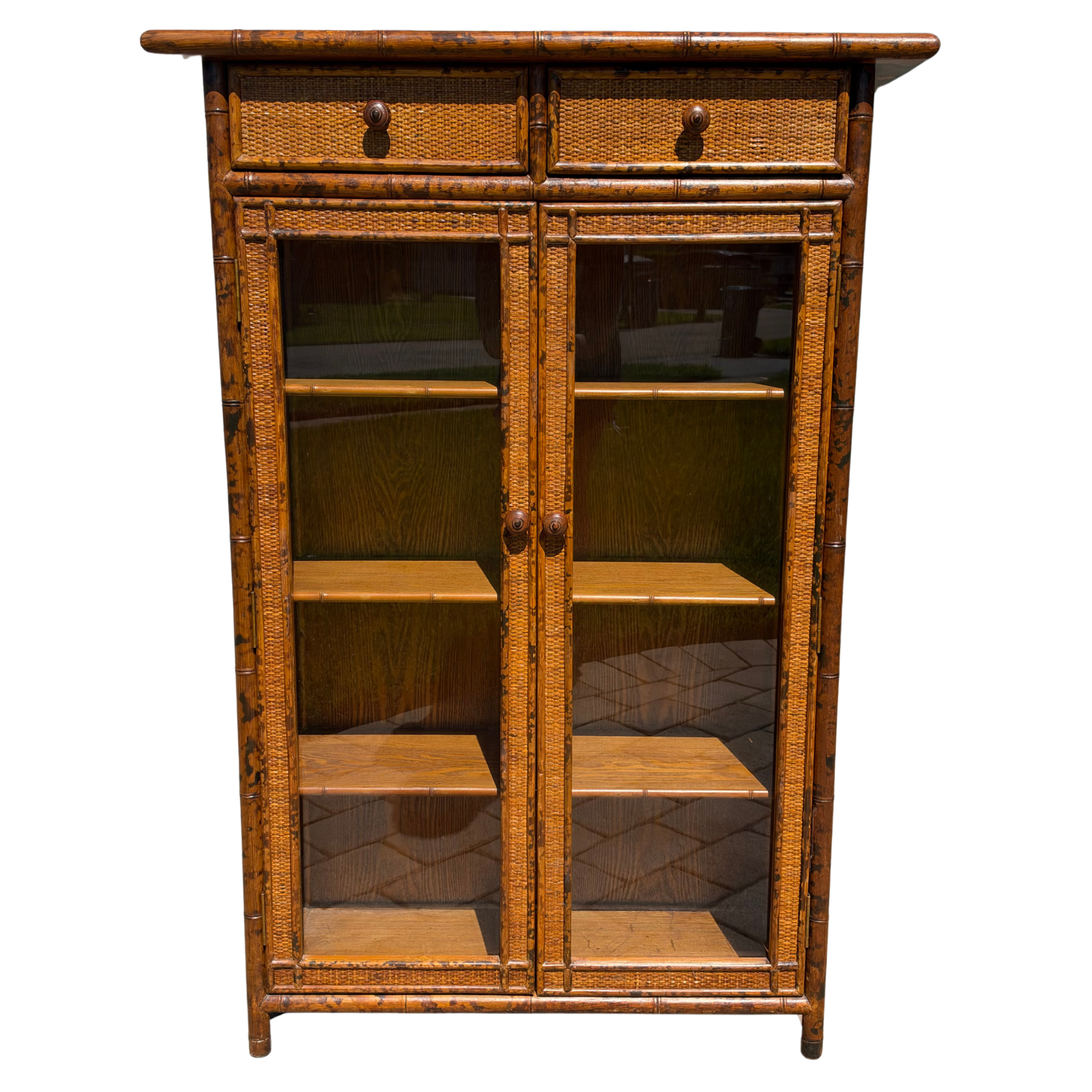 Vintage Burnt Bamboo & Woven Rattan Cabinet