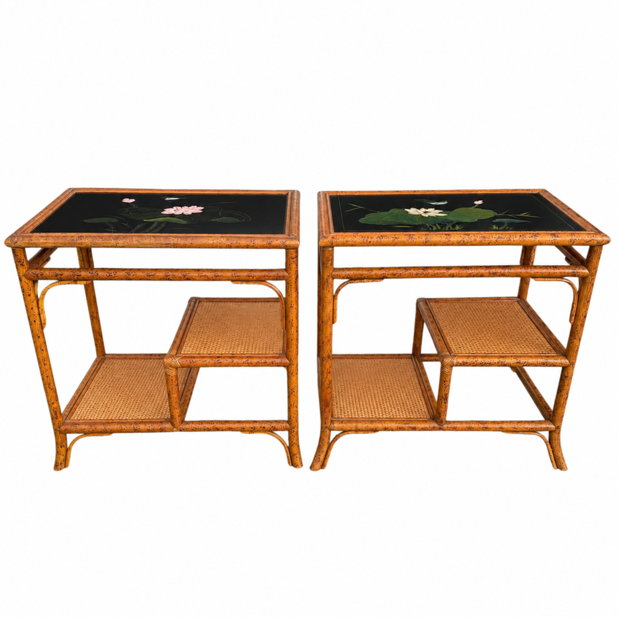 Vintage Tortoise Rattan Tiered Side Tables - A Pair 