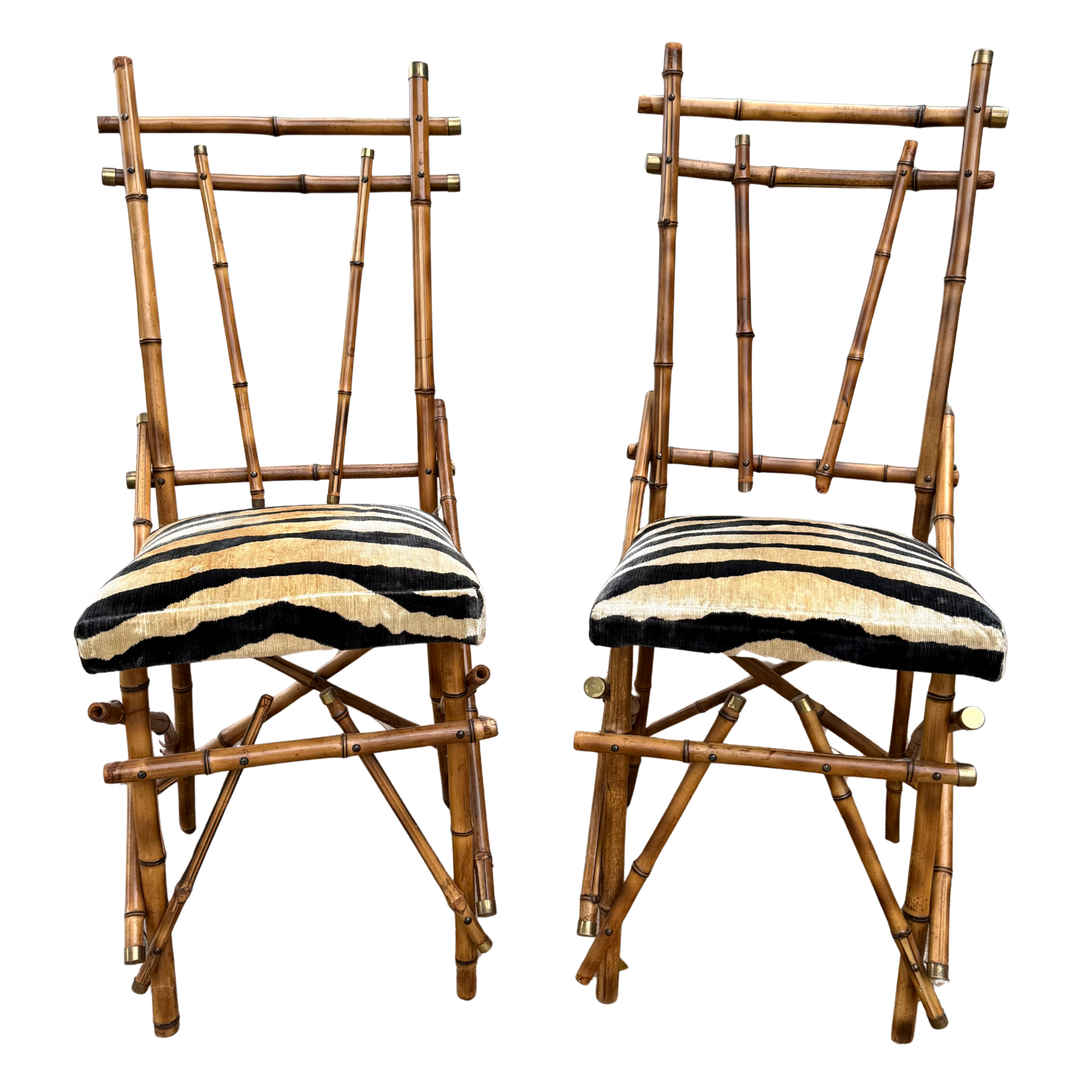Vintage Italian Sculptural Bamboo & Brass Side Chairs - A Pair