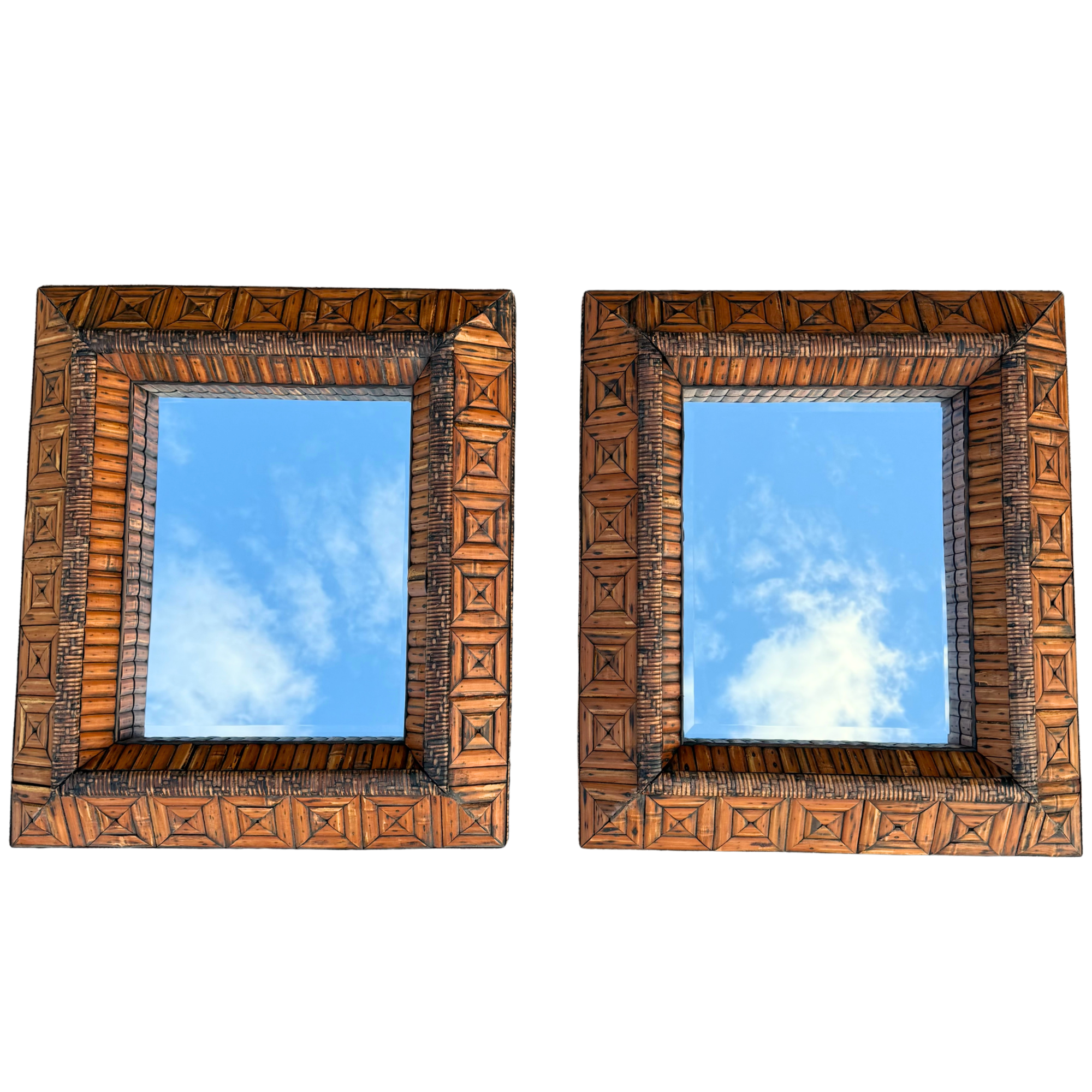 Vintage Geometric Bamboo Mirrors - A Pair