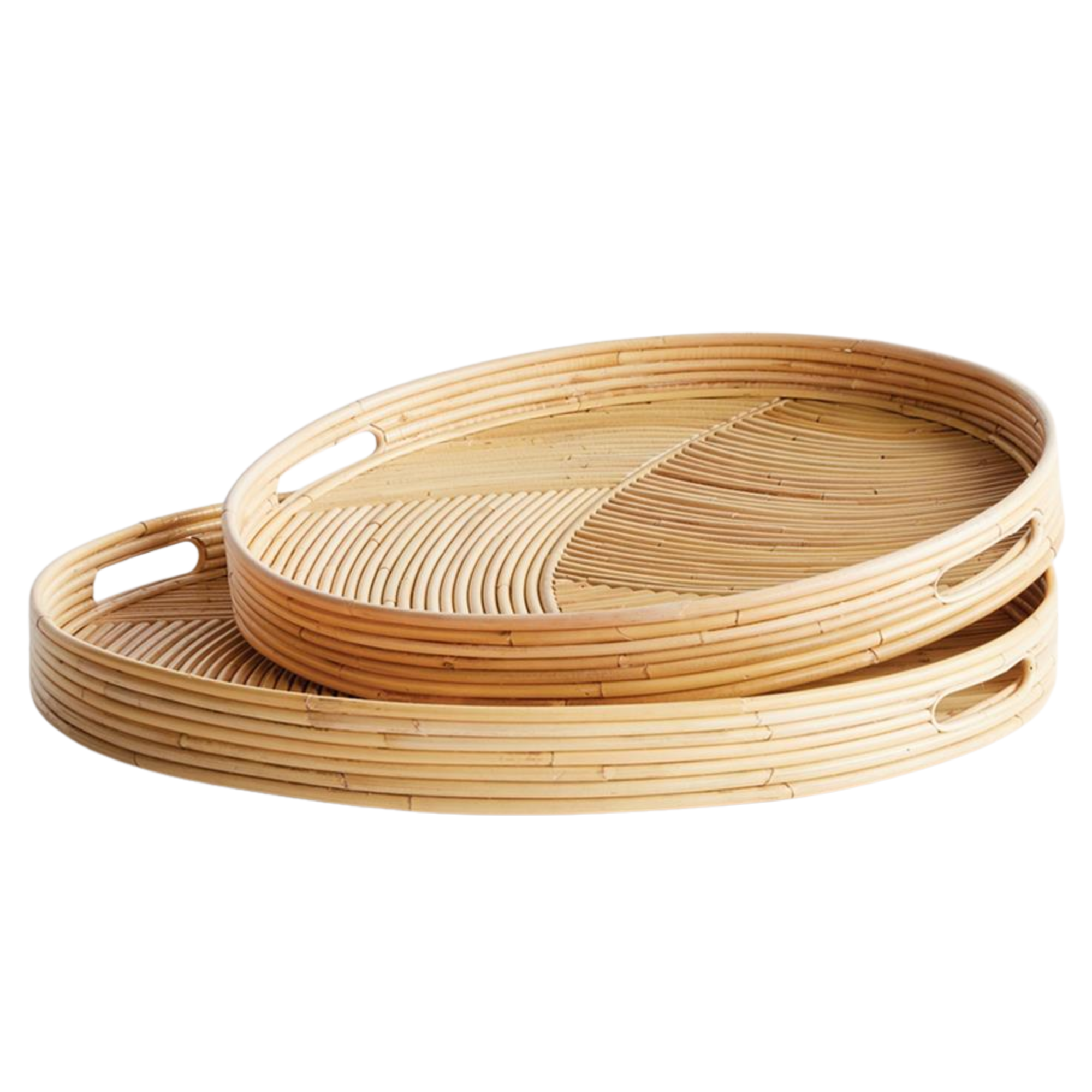 Oversized Coastal Rattan Round Serving Tray - Set of 2