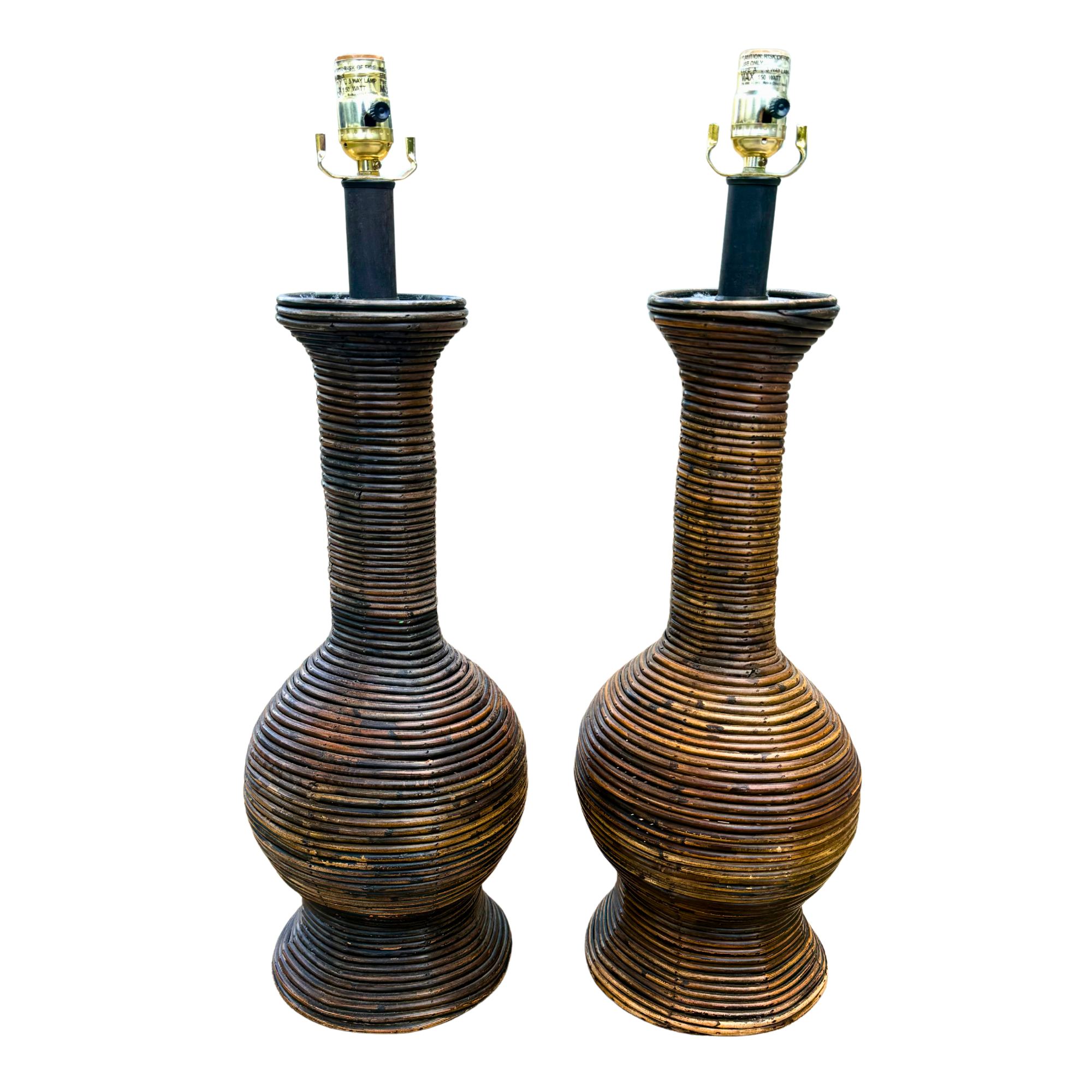Vintage Coastal Pencil Reed Rattan Table Lamps - A Pair