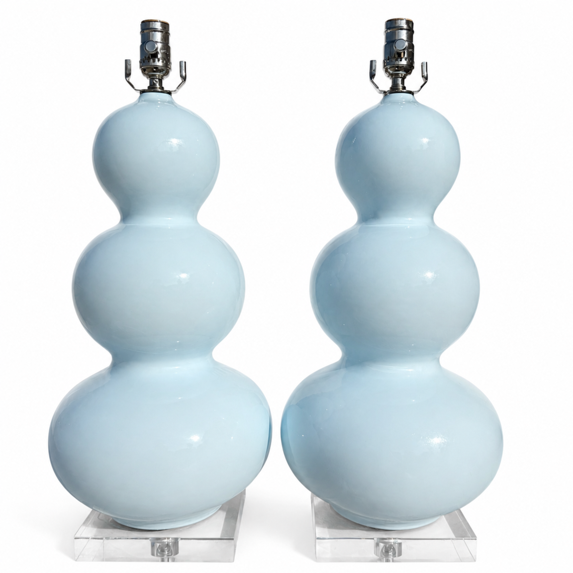 Pale Blue Ceramic Gourd Lamps with Lucite Bases - A Pair
