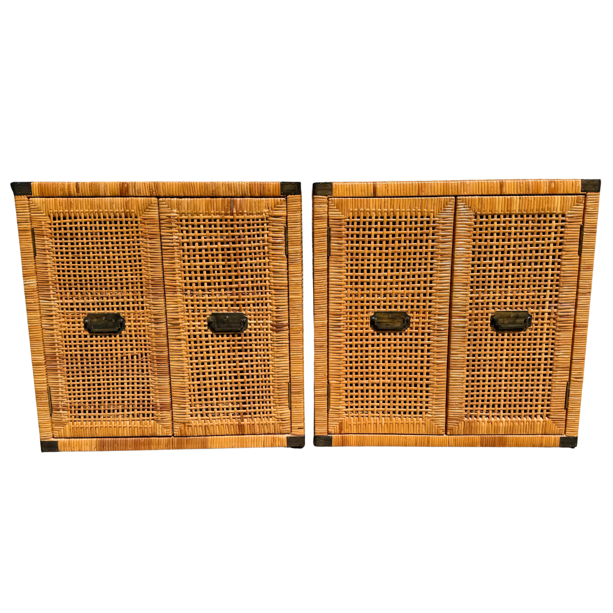 Vintage Campaign Style Woven Rattan Cabinets