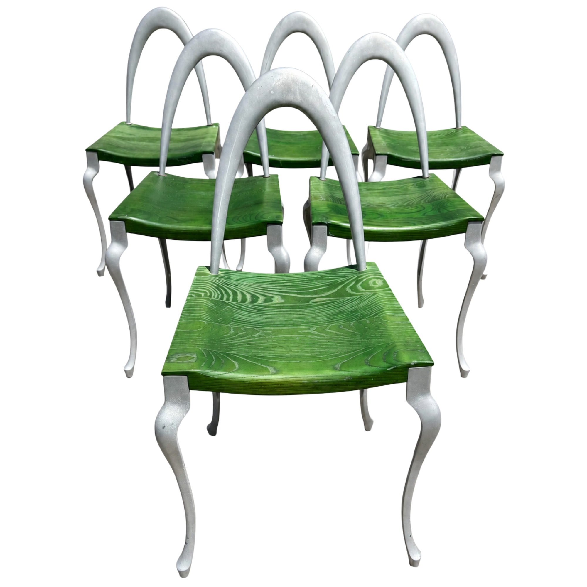 Vintage Sculptural Green Wood & Aluminum Dining Chairs - Set of 6