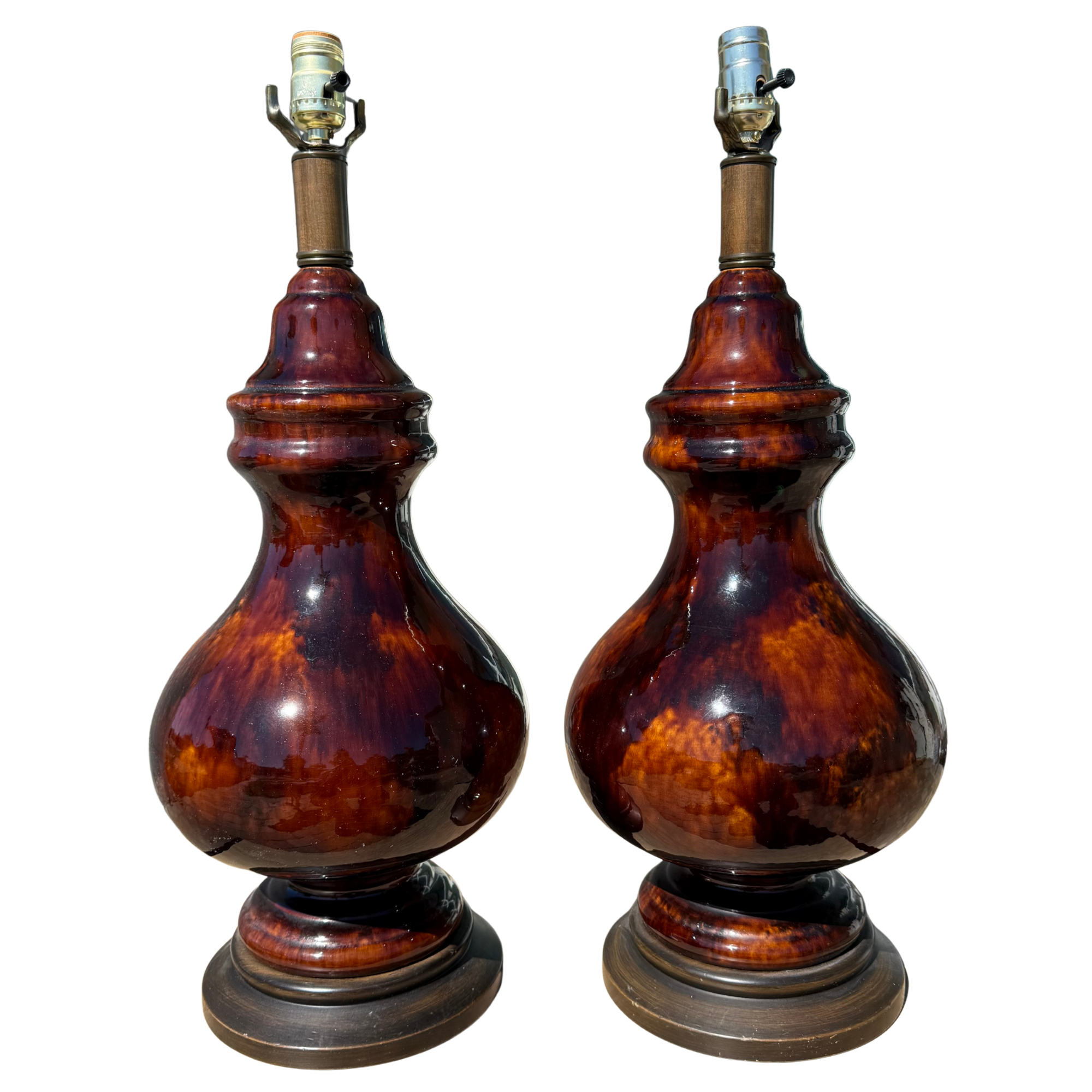Vintage Amber Glazed Ceramic Lamps - A Pair