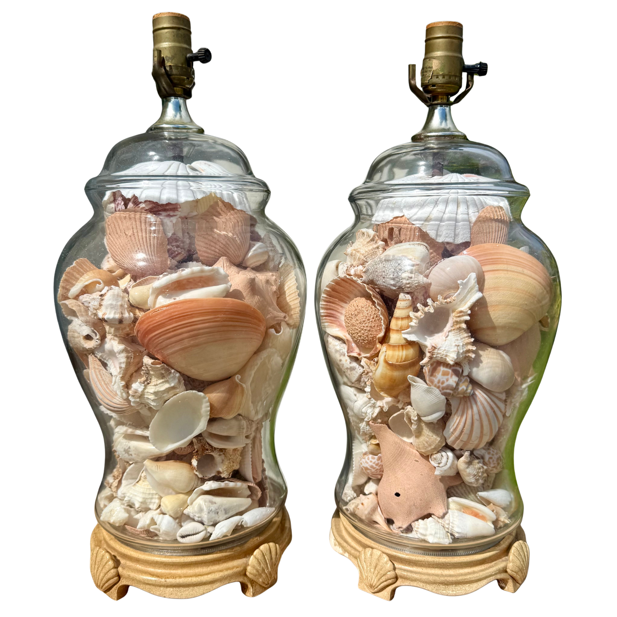 Vintage Seashell Ginger Jar Lamps - A Pair