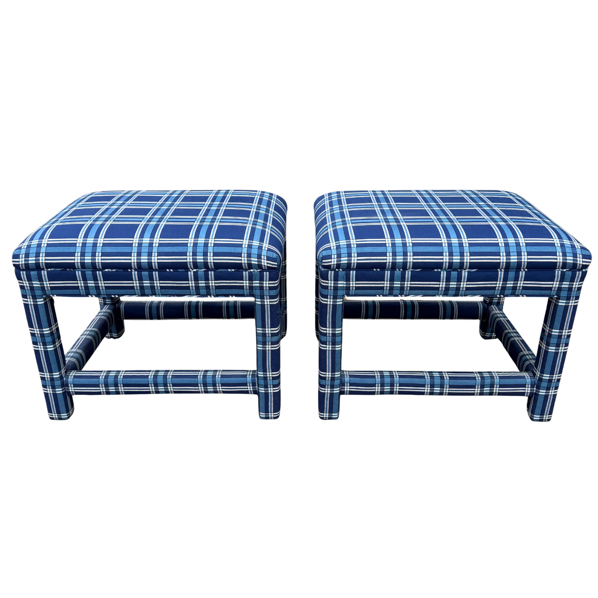 Vintage Blue Plaid Upholstered Benches - A Pair