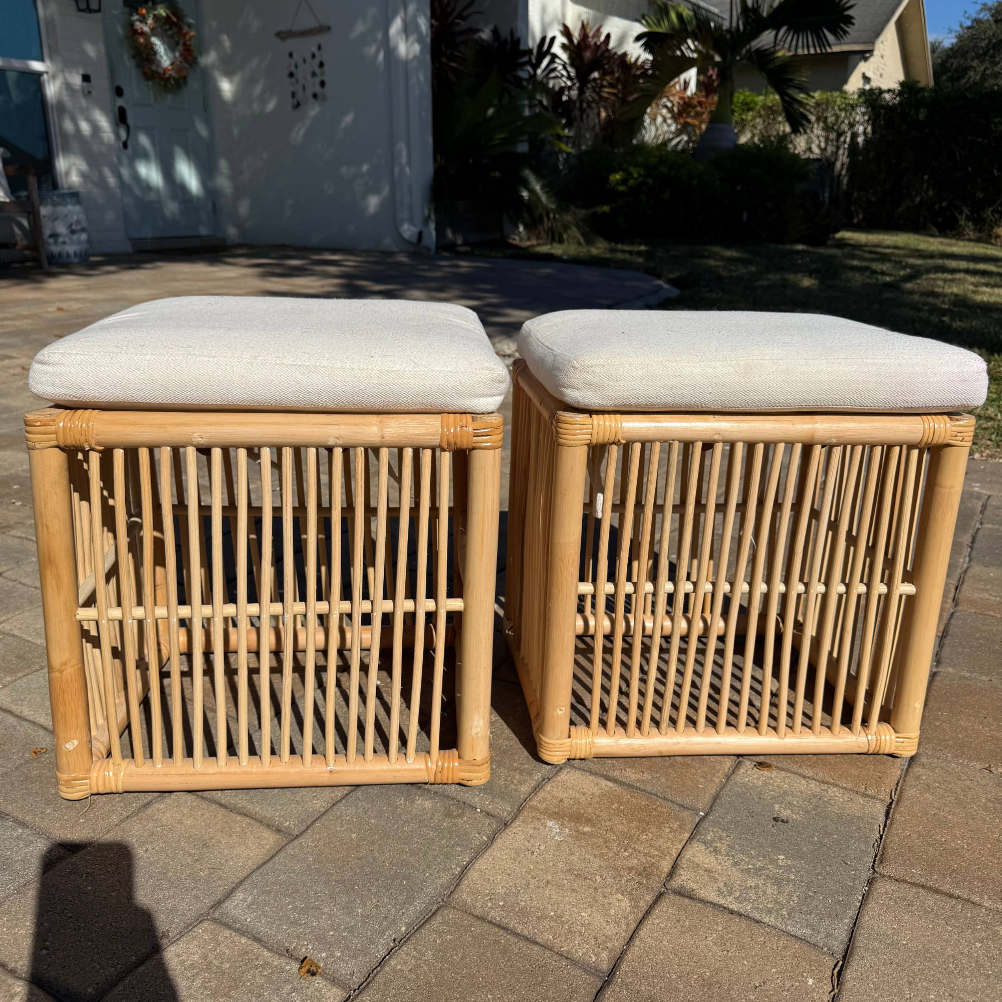 Vintage Coastal Rattan Foot Stools - A Pair