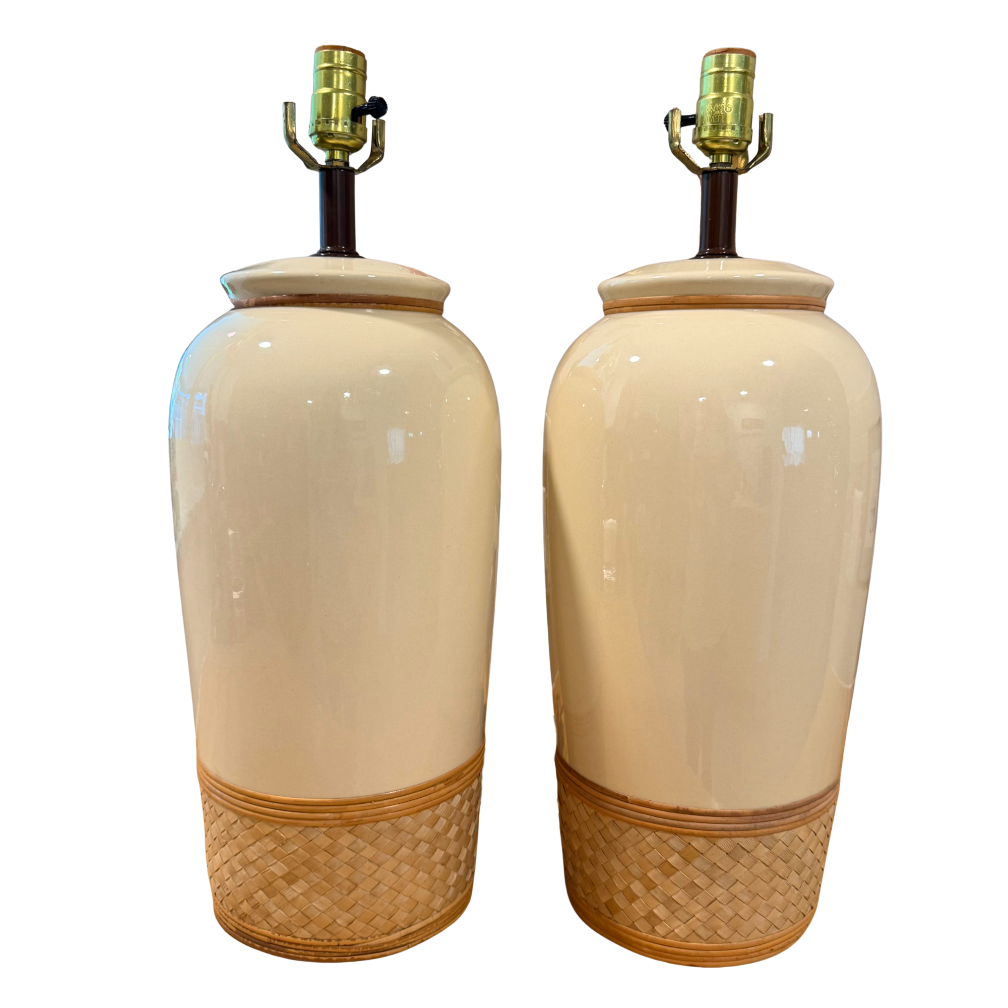 Vintage Ceramic & Woven Rattan Lamps - A Pair