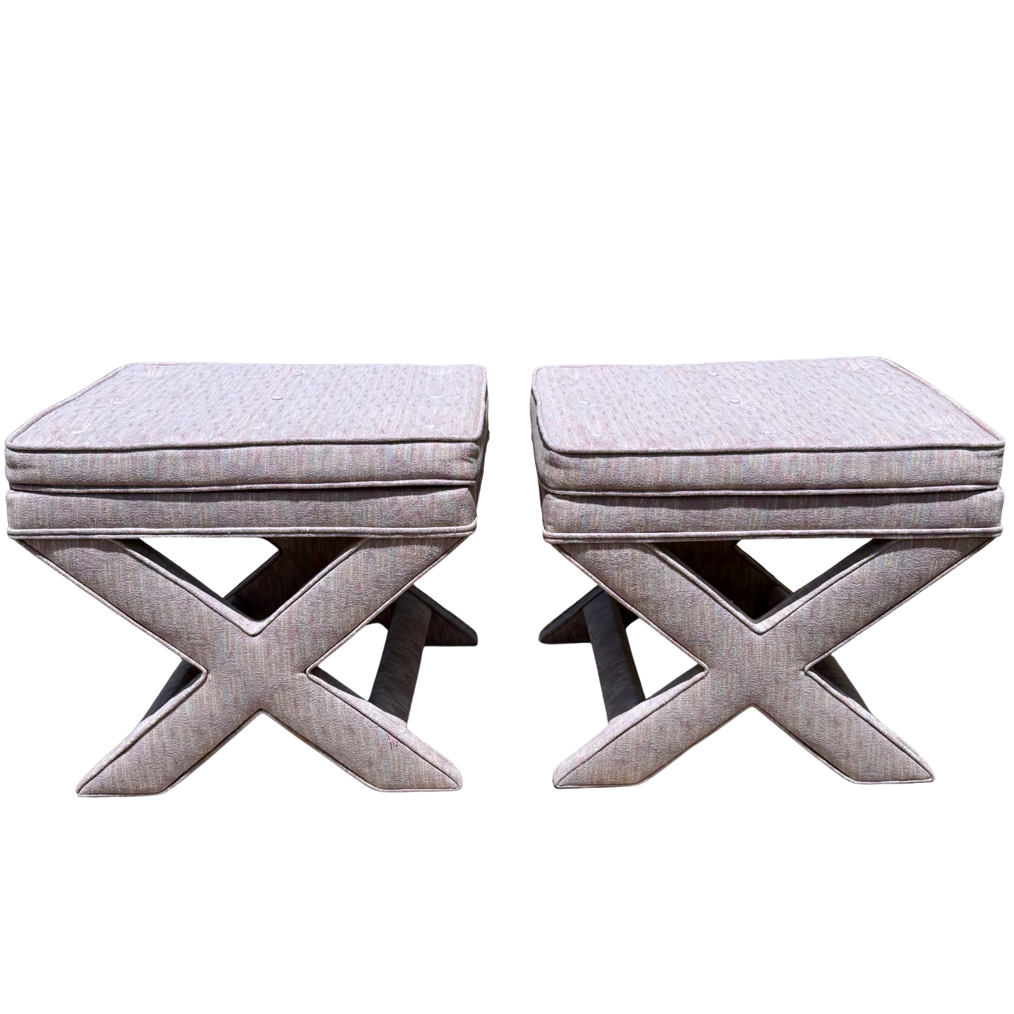 Vintage Lavender Upholstered X Base Ottomans - A Pair