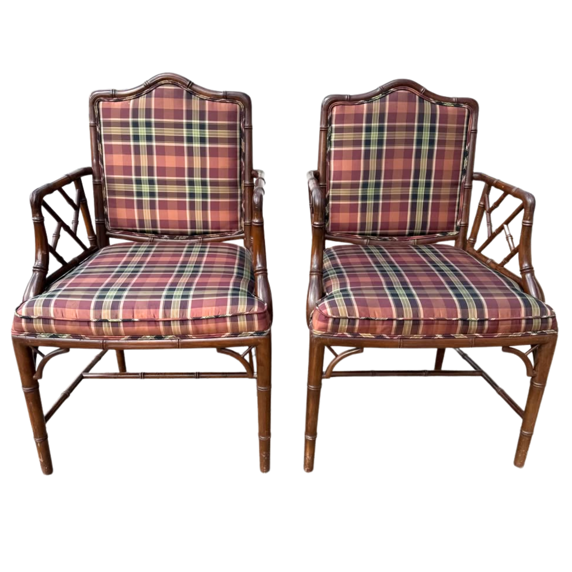 Vintage Faux Bamboo Armchairs with Plaid Upholstery – A Pair