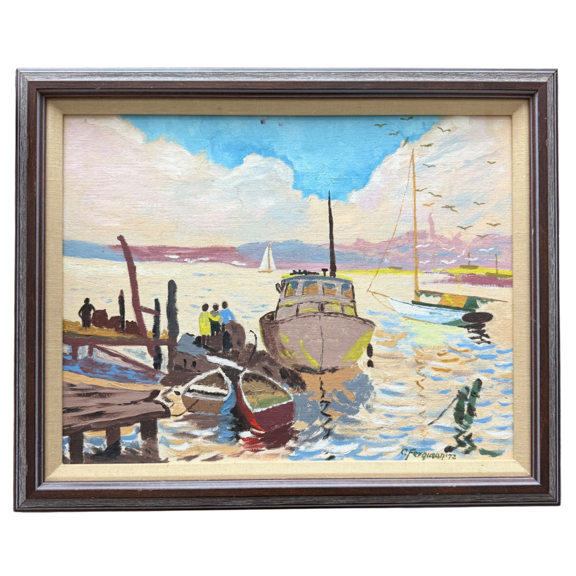 Vintage 1972 Coastal Harbor Oil Painting by C. Ferguson