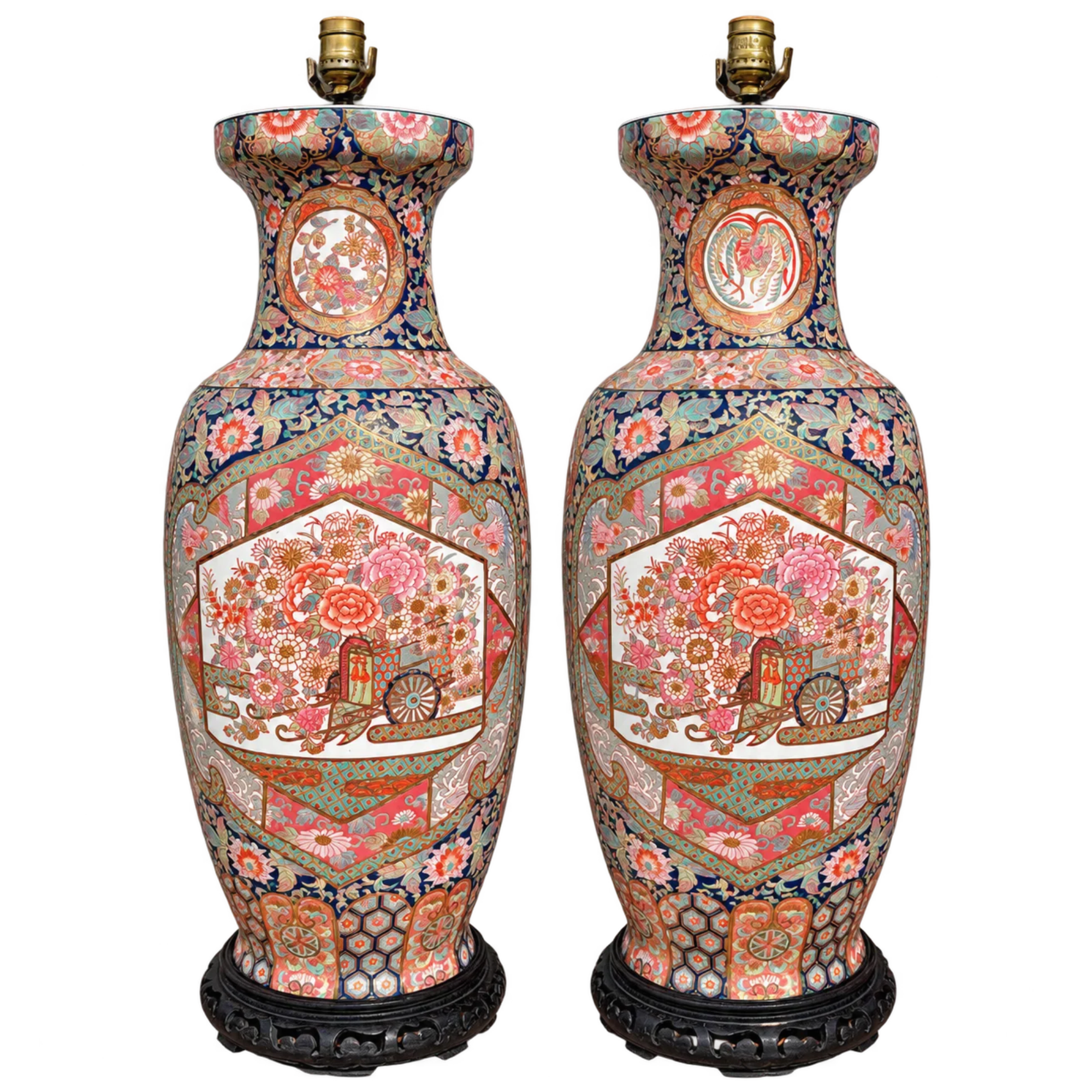 Vintage Monumental Asian Floral Porcelain Lamps - A Pair