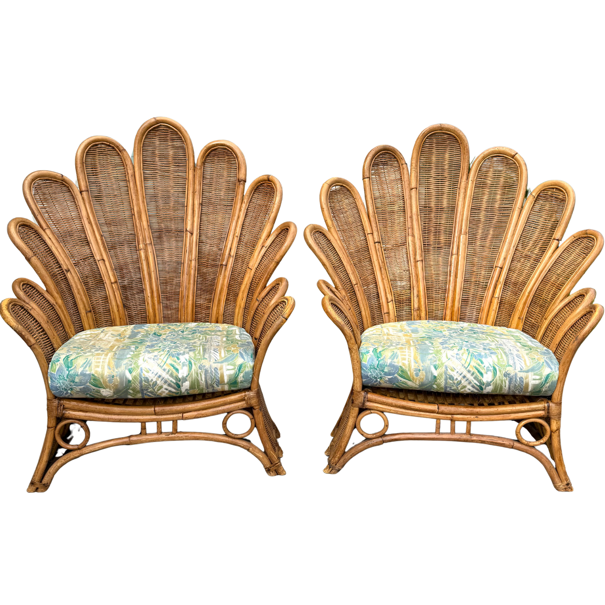 Vintage Rattan & Wicker Palm Frond Club Chairs - A Pair