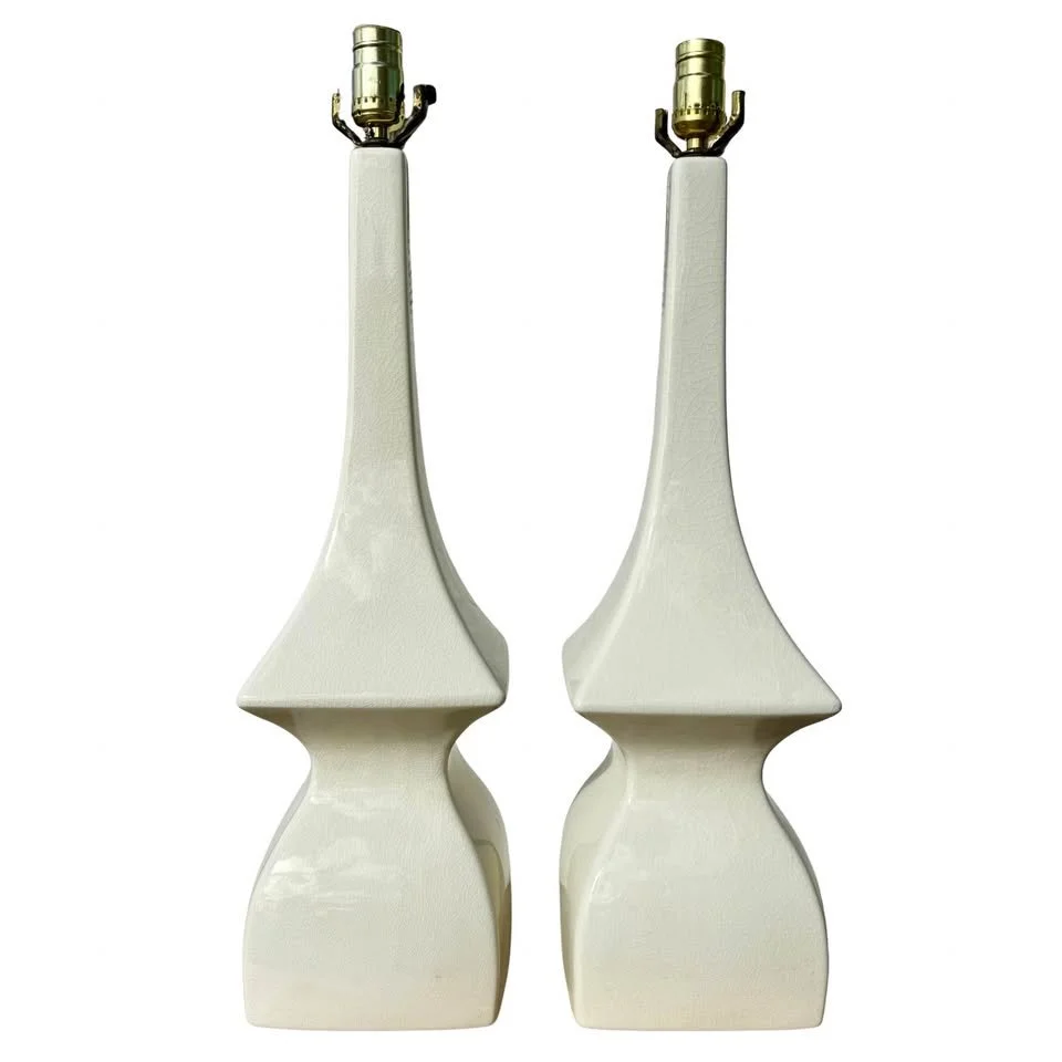 Vintage Crackle Glaze Sculptural Pagoda Lamps – Pair