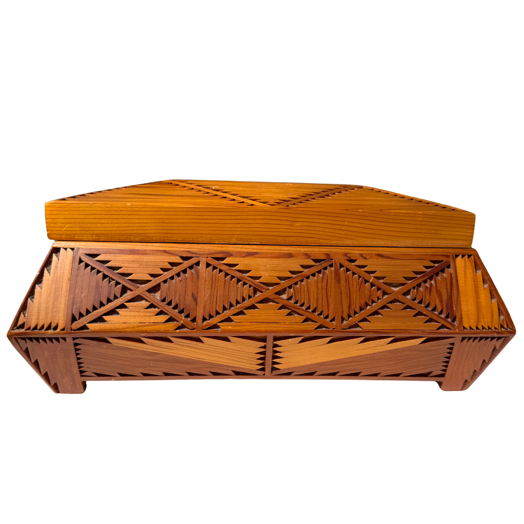 Vintage Wood Tramp Folk Art Jewelry Box 