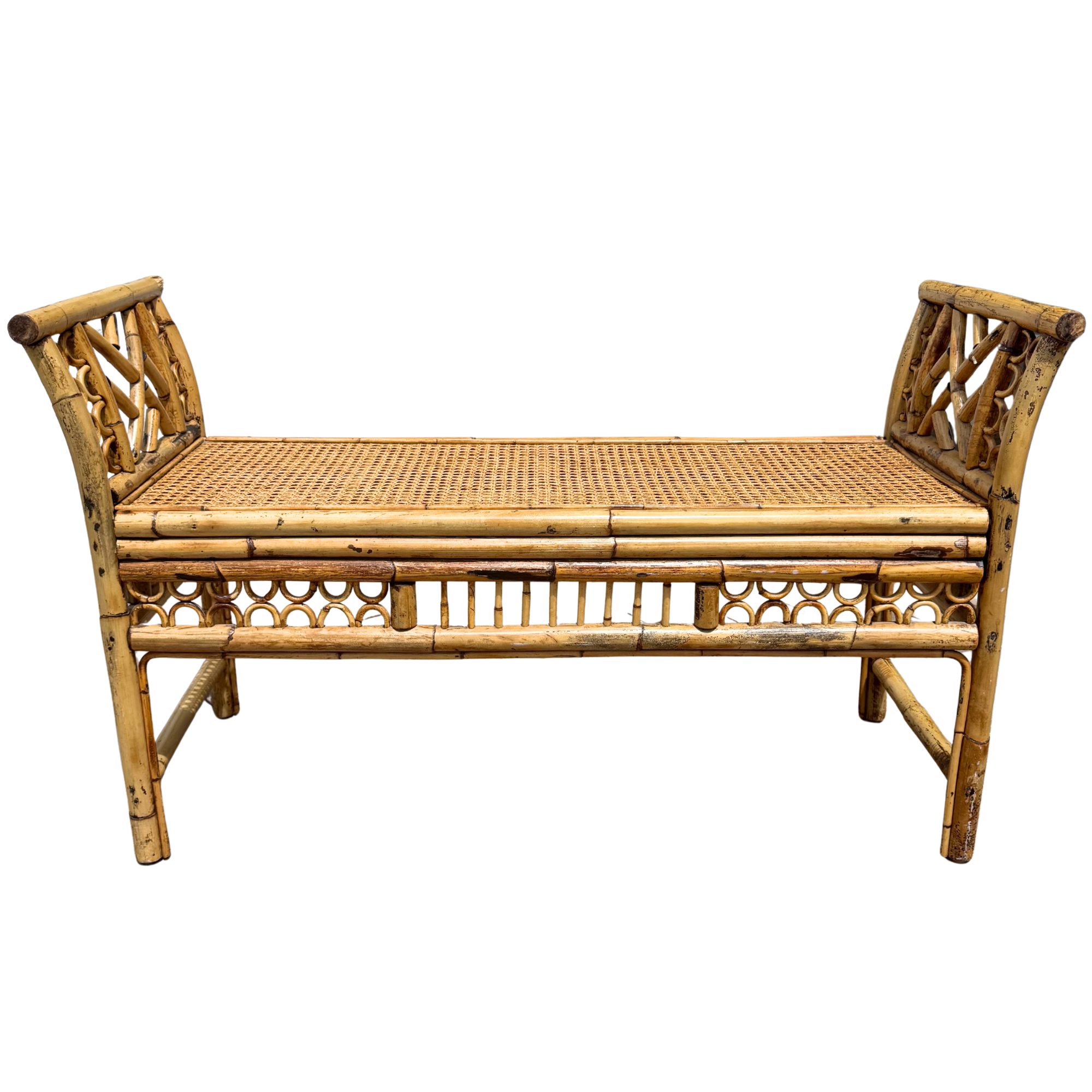 Vintage Bamboo & Rattan Chippendale Bench