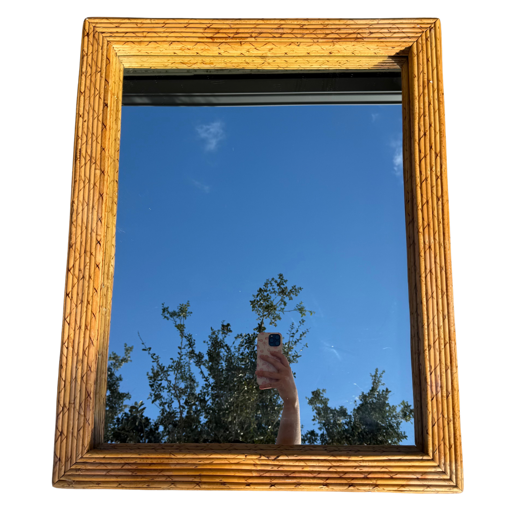 Vintage Scorched Pencil Reed Rattan Mirror