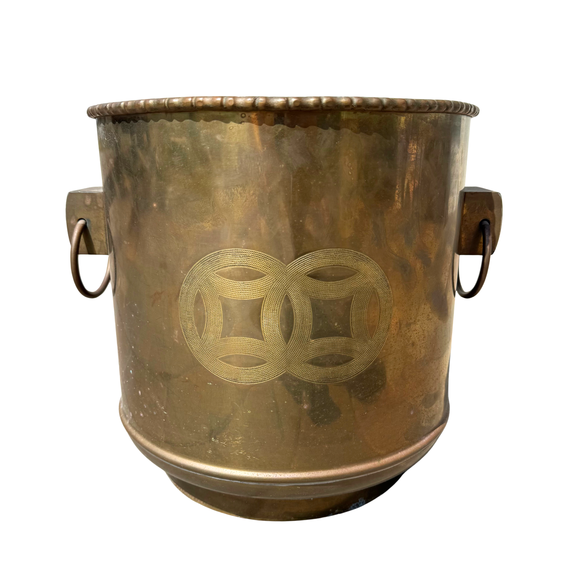 Vintage Brass Cachepot Planter with Bamboo Trim & Ring Handles