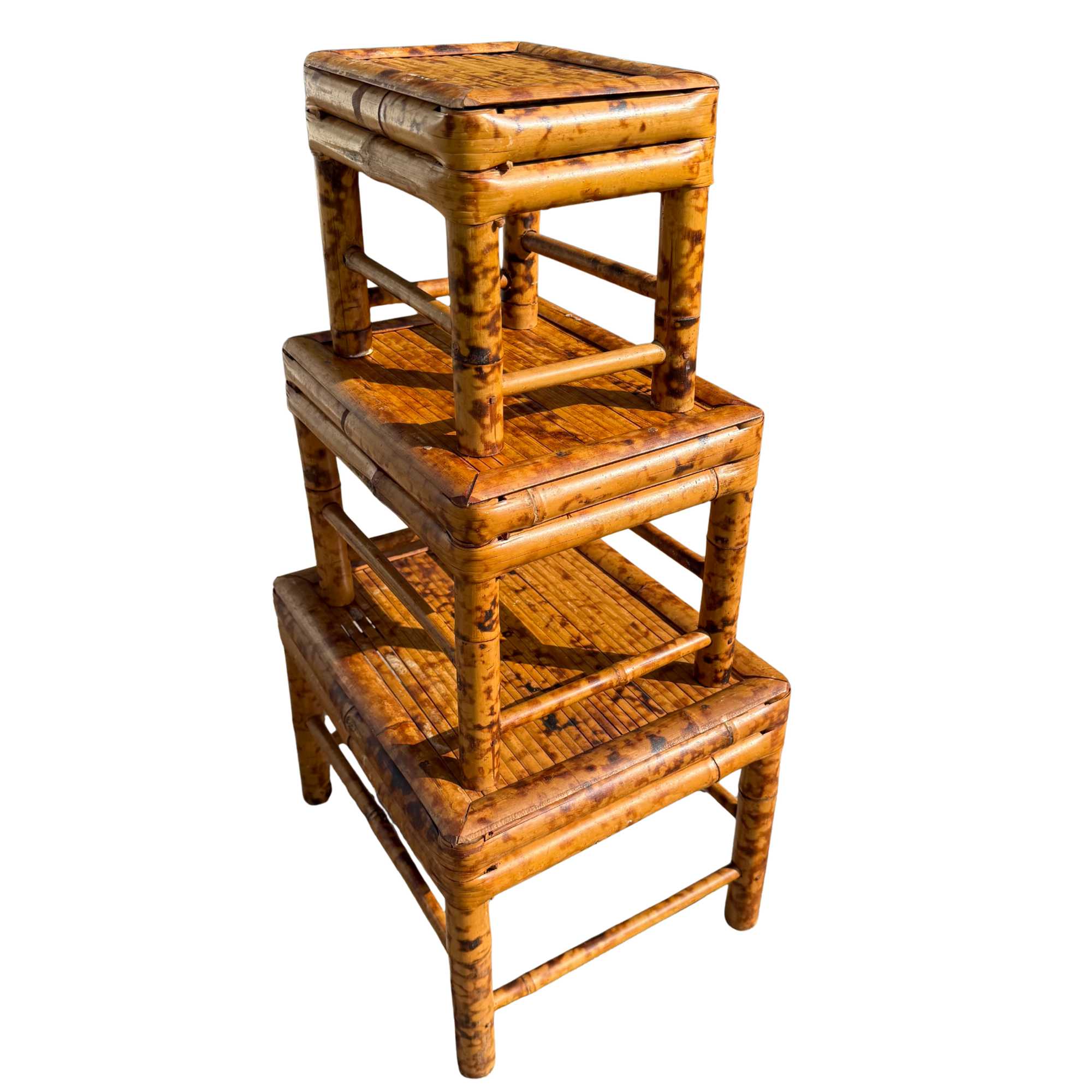 Vintage Burnt Bamboo Nesting Plant Stands/Tables – Set of 3