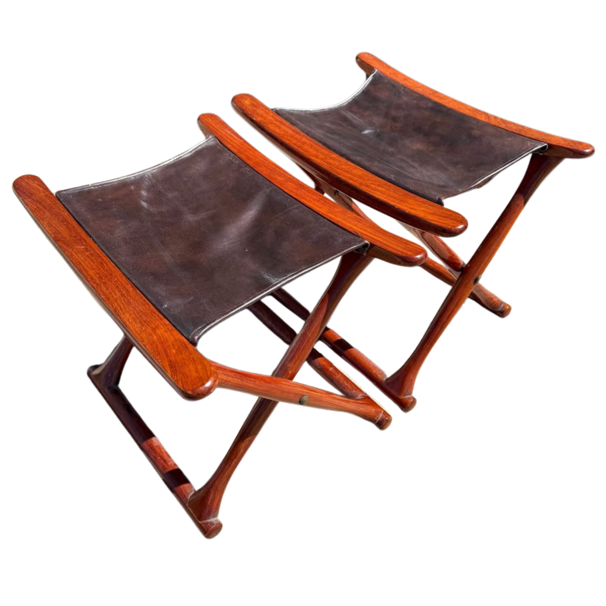 Vintage Danish Modern Leather Safari Stools - A Pair