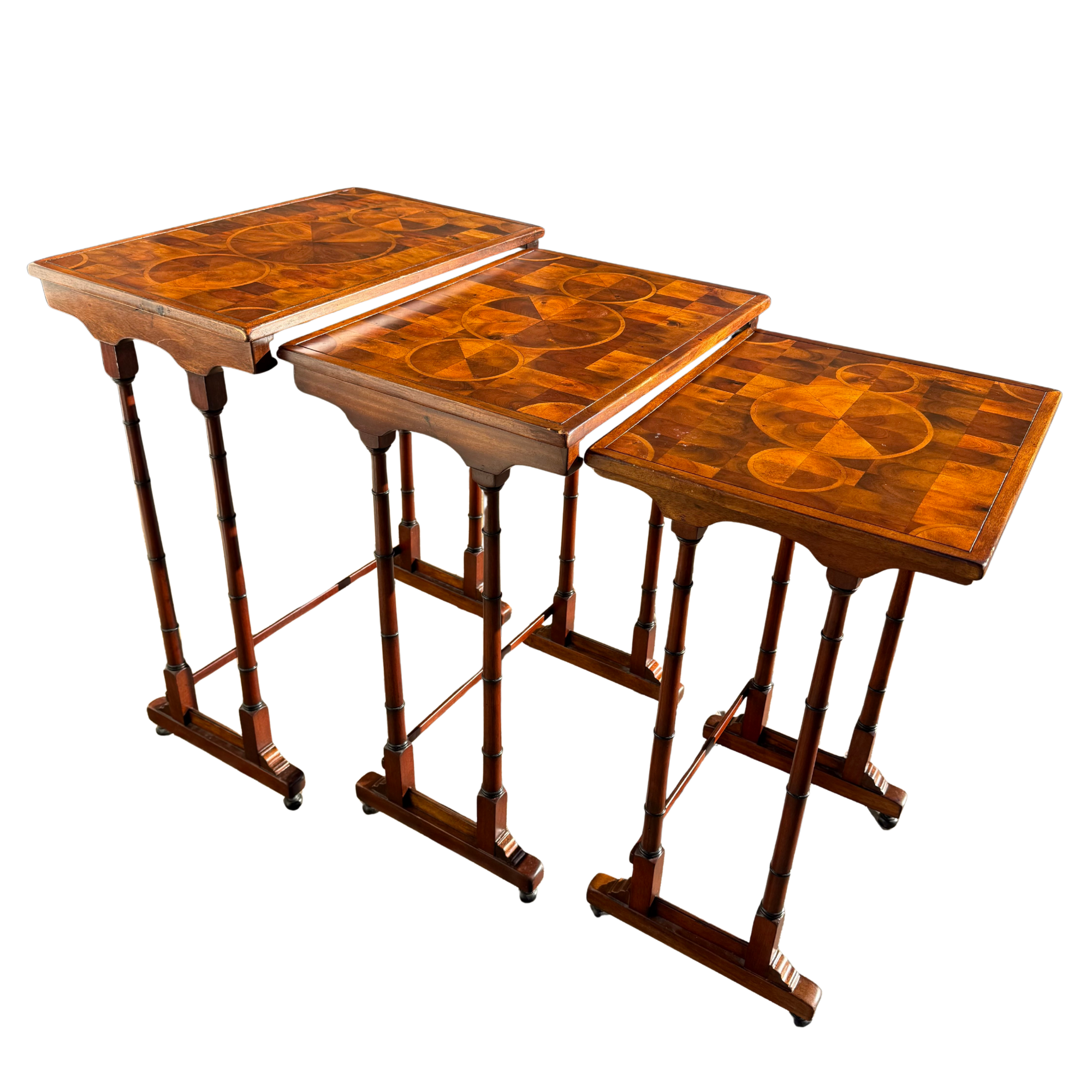 Vintage Wood Inlay Nesting Tables with Faux Bamboo Legs